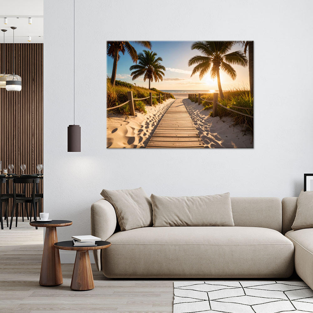 LEINWANDBILD Weg zum Strand Landschaft Palmen 120x80cm - Orange, Textil (120/80cm) - Feeby