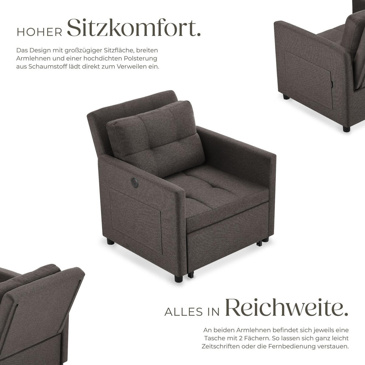 SCHLAFSESSEL Toyama, 82 x 80 x 86 cm, Belastbarkeit 150 kg, dunkelgrau - Dunkelgrau, Textil (82/86/144cm) - tectake