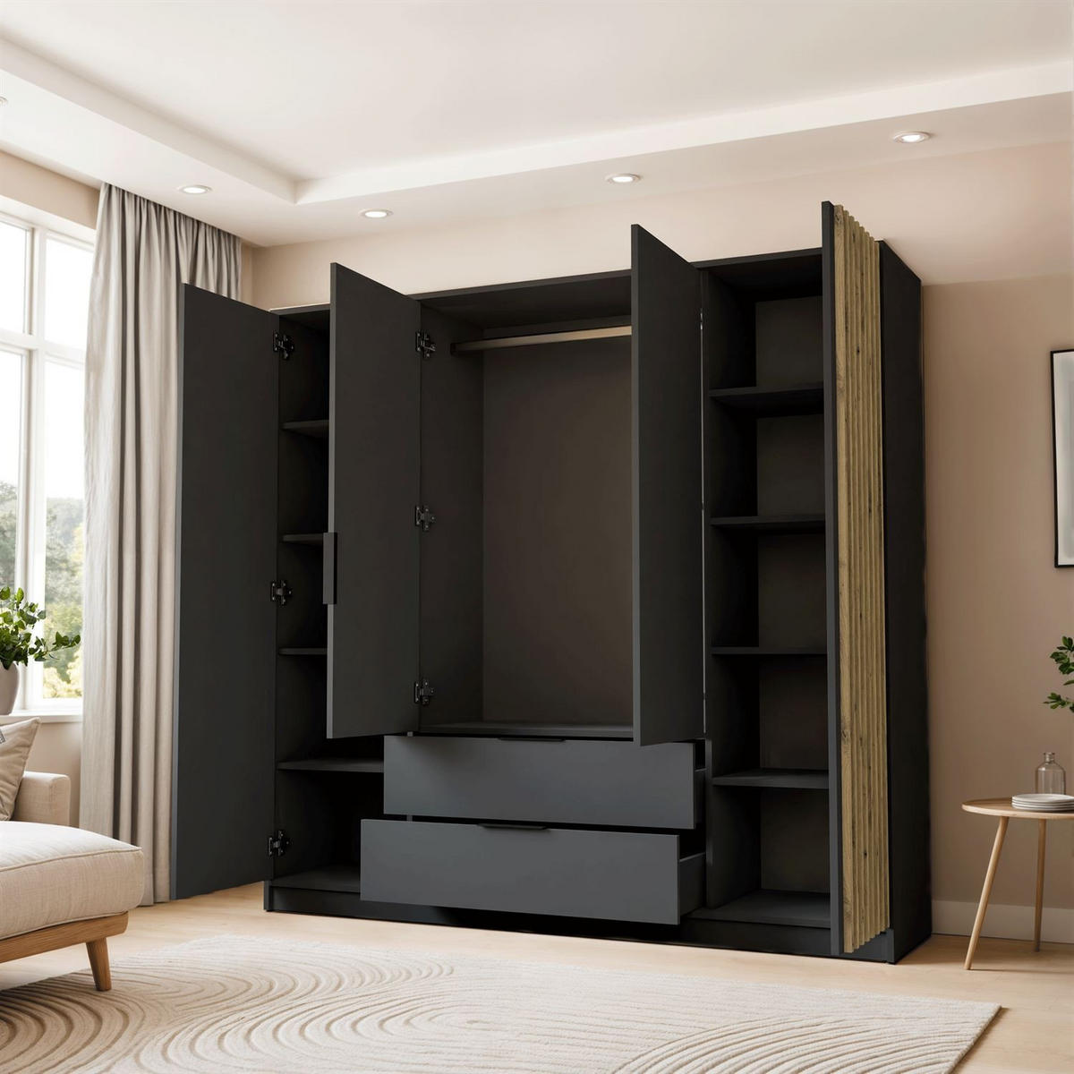 KLEIDERSCHRANK NELA, viertürig mit Lamellen, 206 cm, Graphit/Artisan - Graphitfarben, Holzwerkstoff (206/200/51cm) - Lookway