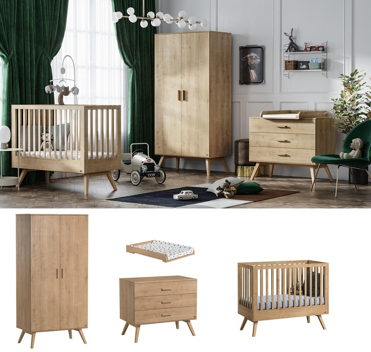 BABYZIMMER Set Nicole 4-teilig - Eiche - Eichefarben, Holzwerkstoff (100/208/58cm) - QMM TraumMöbel