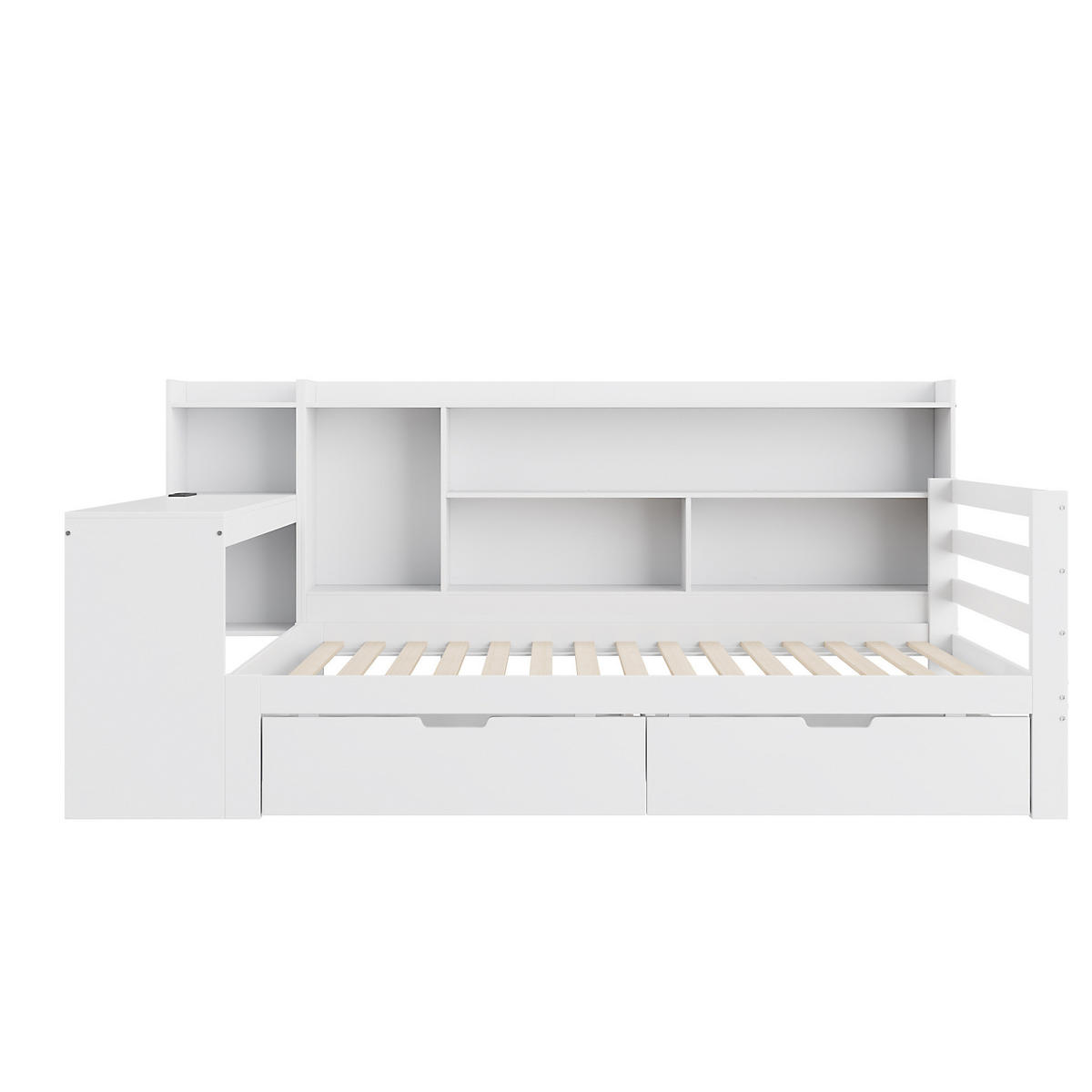 BETT 90/200 cm aus Massivholz mit Schreibtisch, Regalen und 2 Schubladen - Weiß, Holzwerkstoff (90/200cm) - BEAOK