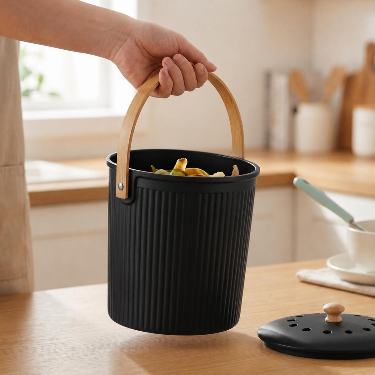 KUCHYŇSKÝ bio koš - černá, dřevo/textil (23.5/28/23cm) - Relaxdays