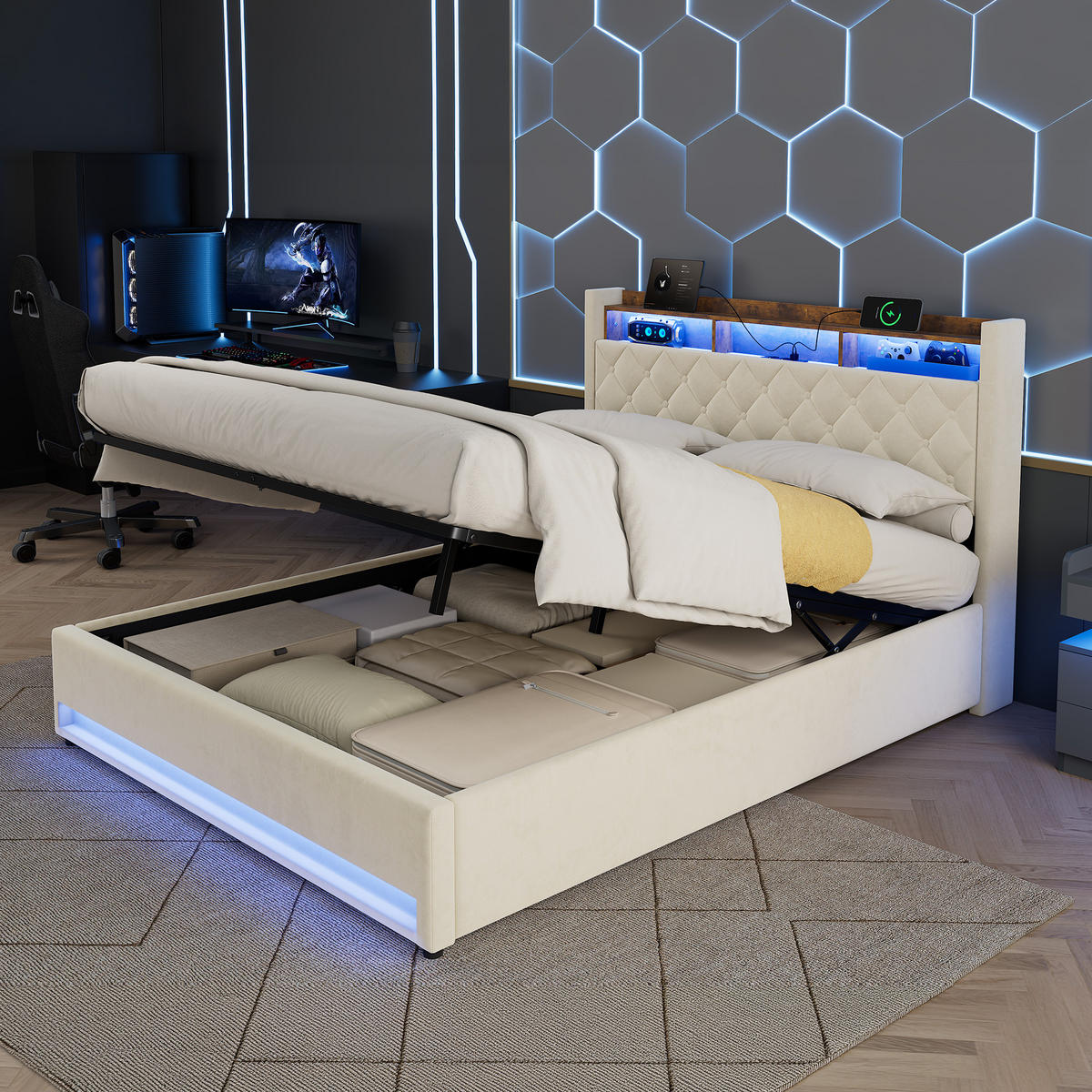 POLSTERBETT 160/200 cm in Beige, Samt, mit Bettkasten, USB, LED, ohne Matratze - Beige, Holzwerkstoff/Textil (160/200cm) - WISHDOR