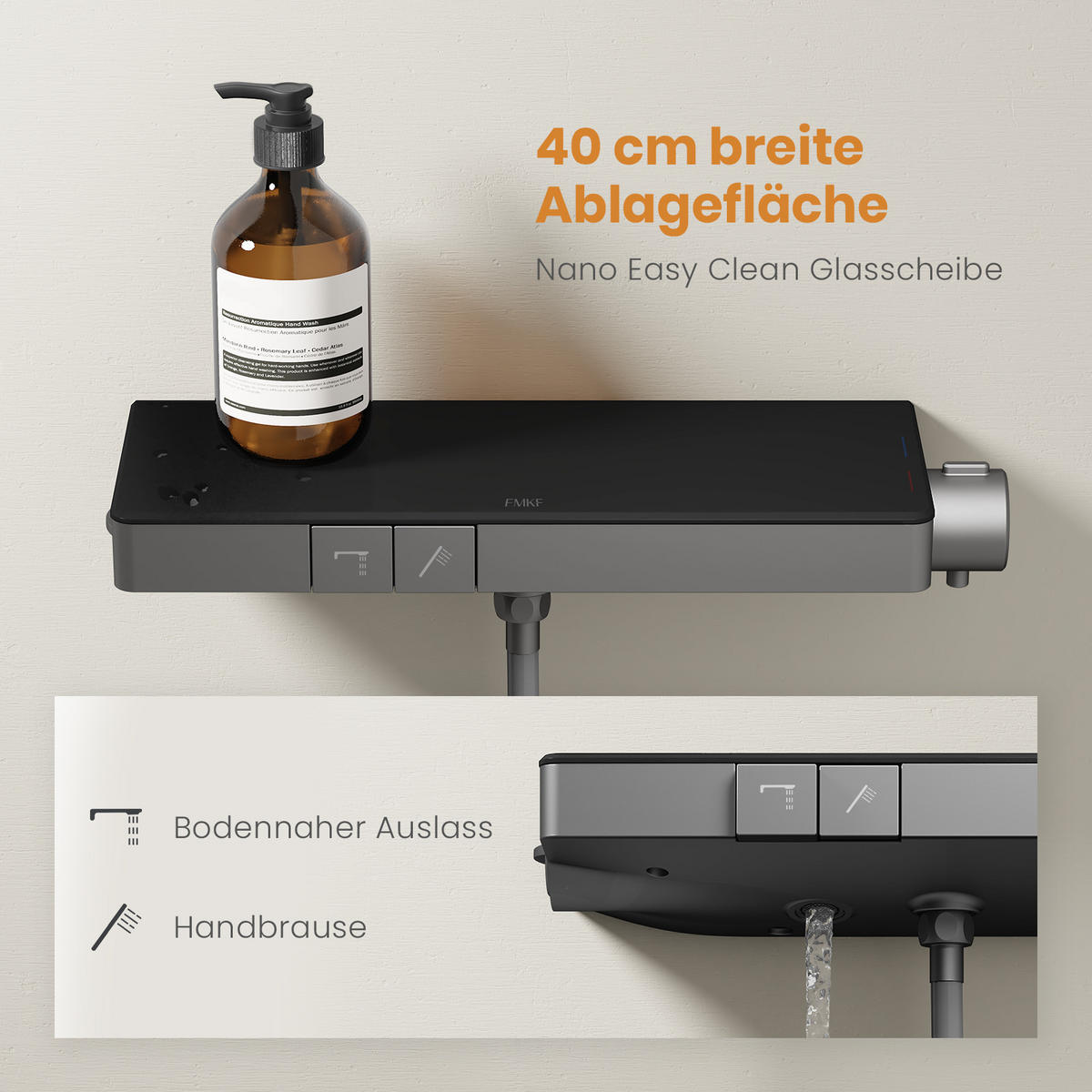 ÜBERKOPFBRAUSESET mit Thermostat Drei Wasserauslassmethoden Anthrazit - Anthrazit, Metall (10.5/66.5/39.5cm) - EMKE