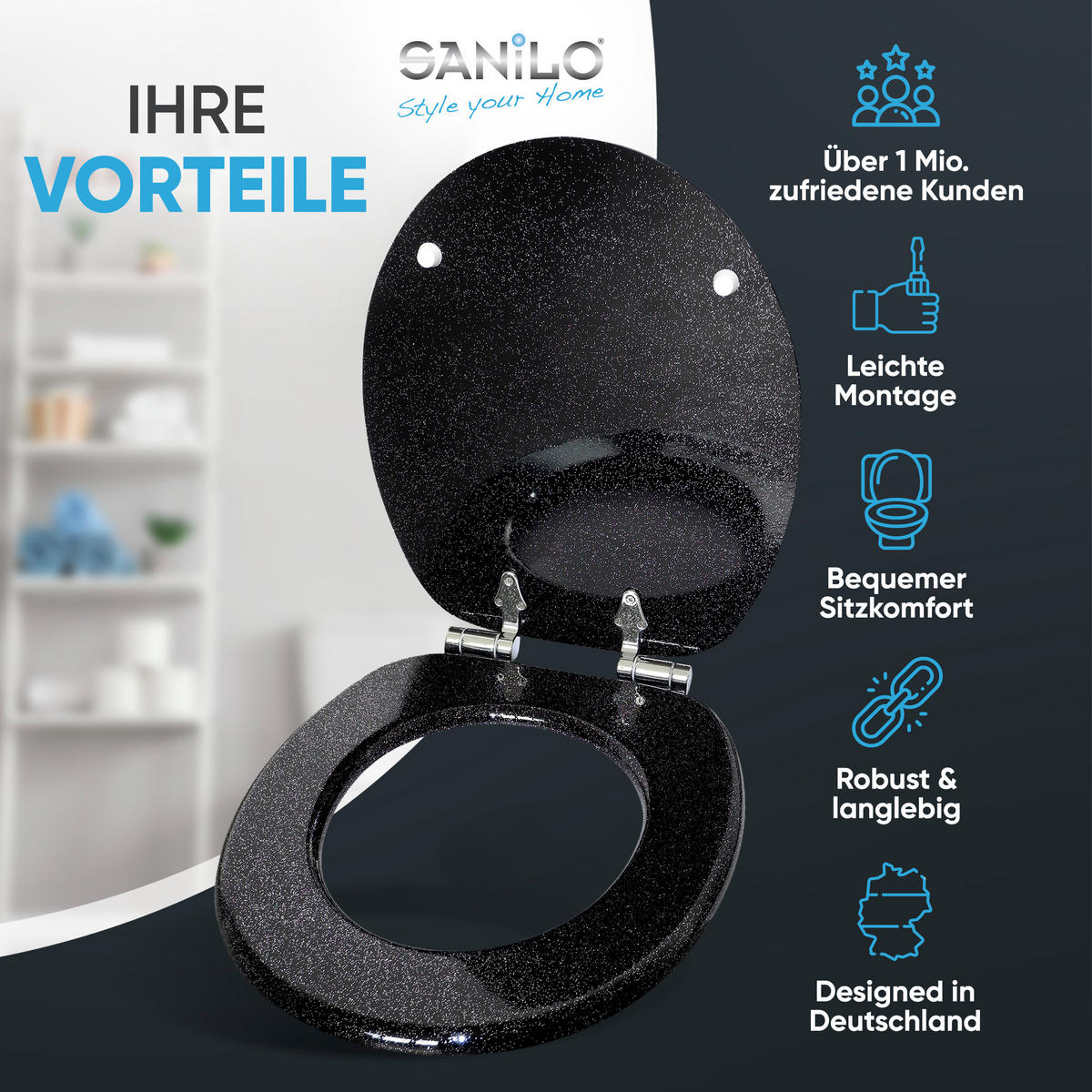WC-SITZ Absenkautomatik Glitzer Schwarz - Schwarz, Holzwerkstoff (38/6/47cm) - Sanilo