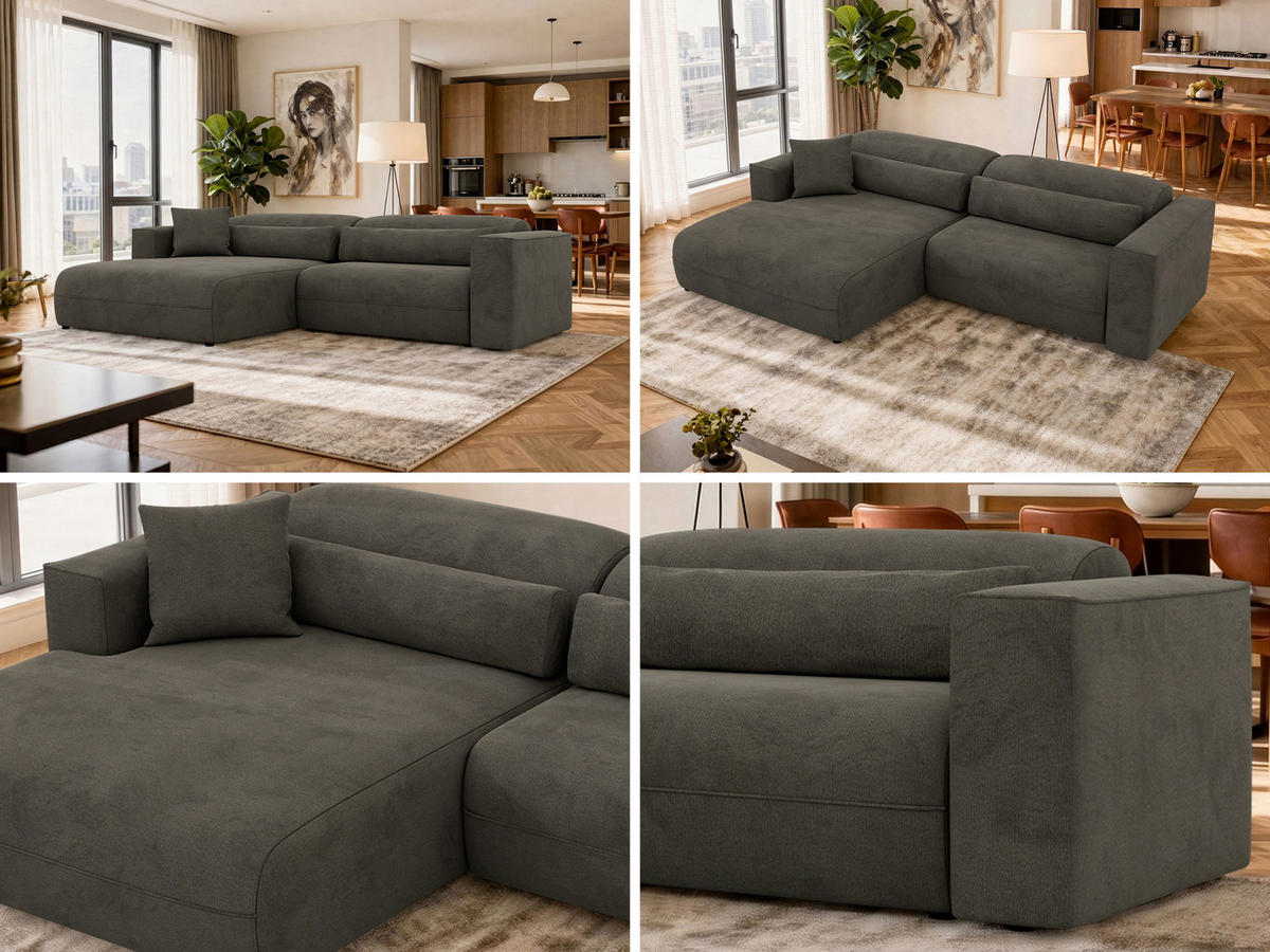 ROHOVÁ SEDAČKA PAZURRO L - Tmavosivá Samet - Vľavo - čierna/tmavosivá, textil/plast (288/180cm) - MKS