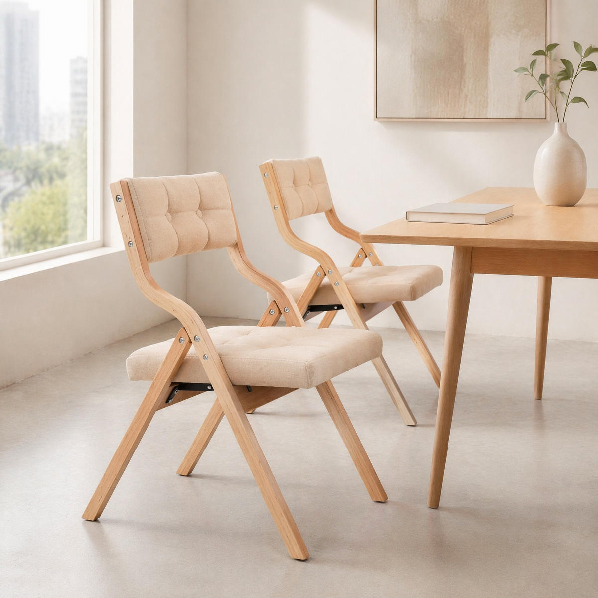 KLAPPSTÜHLE 2er-Set mit gepolstertem Sitz und Rückenlehne - Sandfarben, Holz (48/77/61cm) - MIVRAY