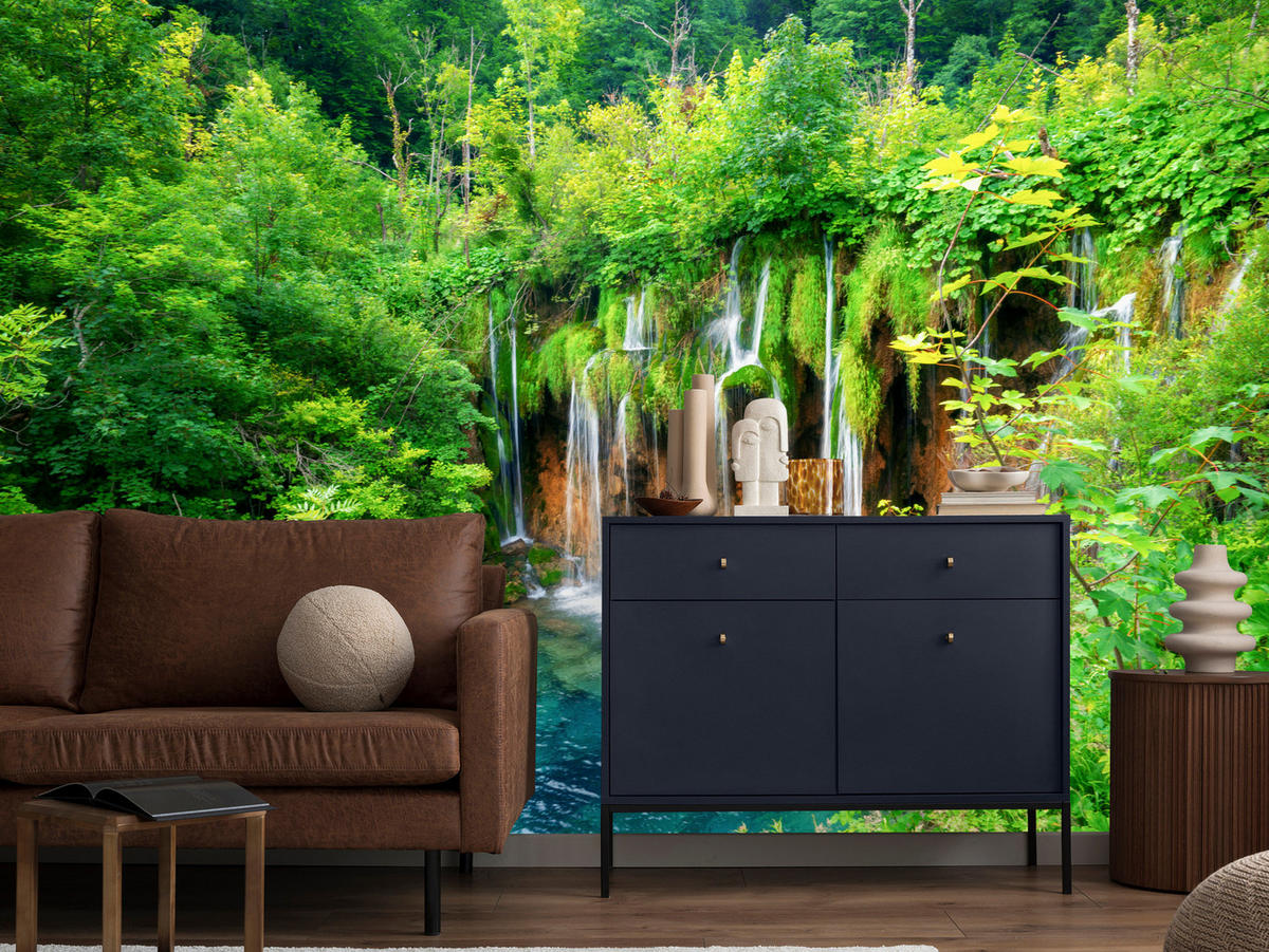 FOTOTAPETE für Esszimmer Exotischer Wasserfall Dschungelwald 350x256 - Türkis/Braun, Papier (350/256cm) - Muralo