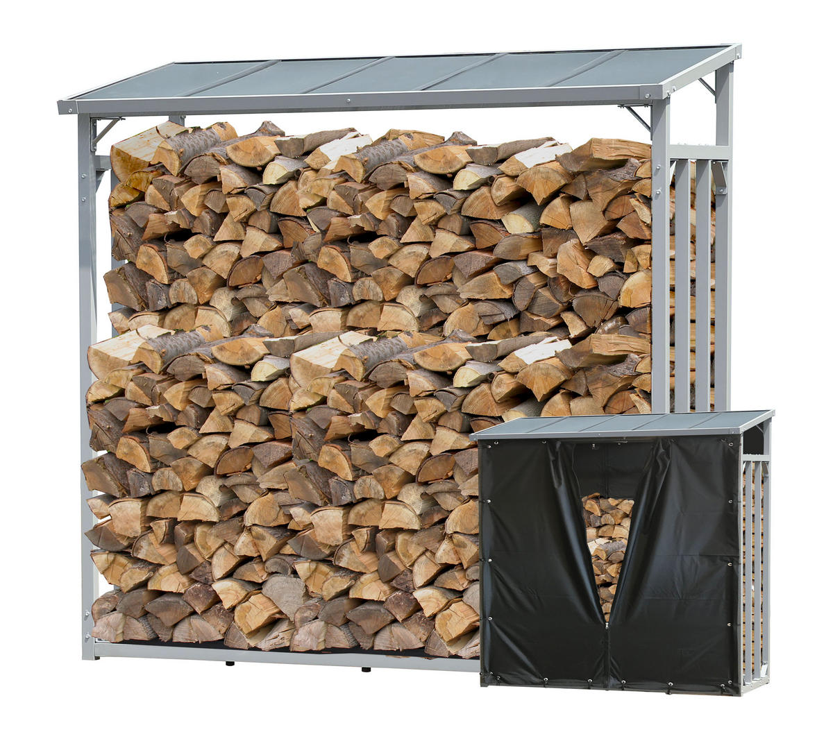 KAMINHOLZREGAL Außen 185x70x185 cm Aluminium Grau mit Wetterschutz 2,3 m³ / 3,5 SRM - Schwarz/Grau, Metall (185/185/70cm) - QUICK STAR