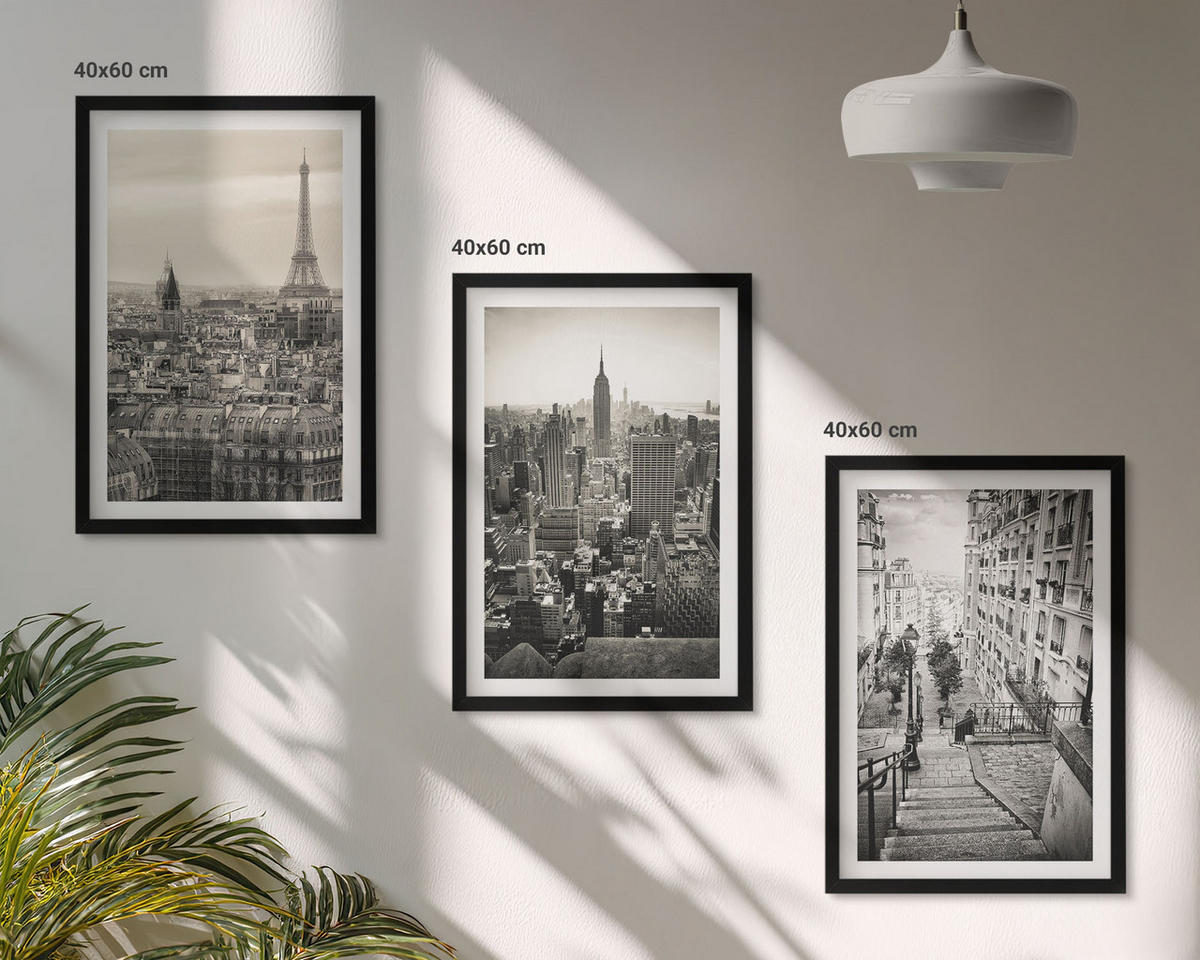 BILDER SET 3er Set - 40x60 cm Schwarzer Rahmen - Aussicht Paris New York Treppen - Schwarz, Kunststoff (40/60cm) - TULUP