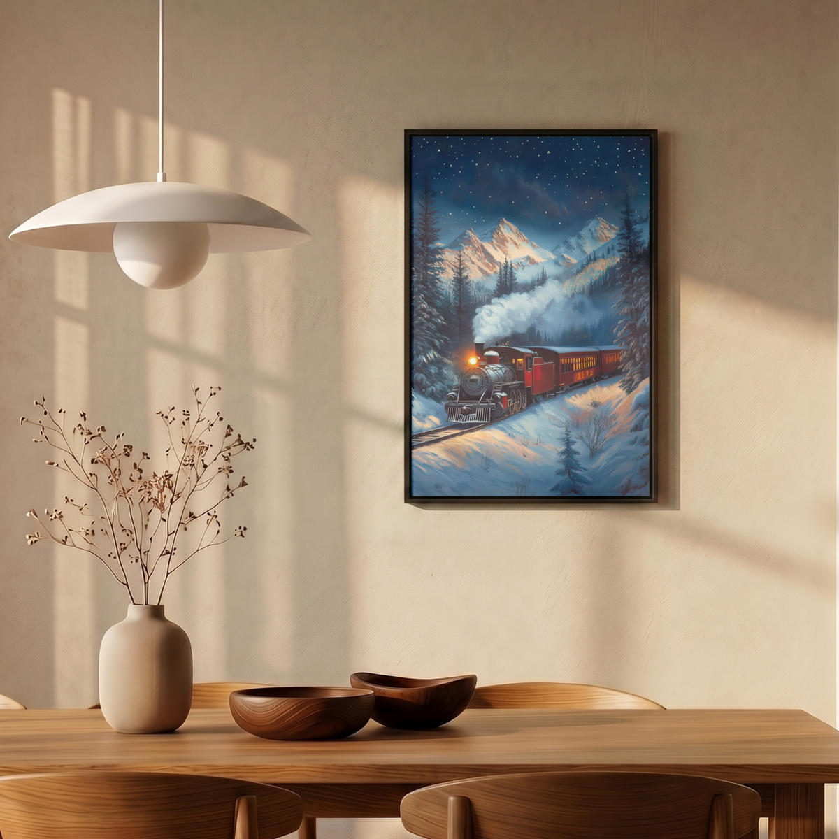 LEINWAND Bilder mit Rahmen - Zug - Weihnachten - Schnee - Weihnachtszug - 40x60 - Anthrazit, Textil (40/60cm) - MuchoWow
