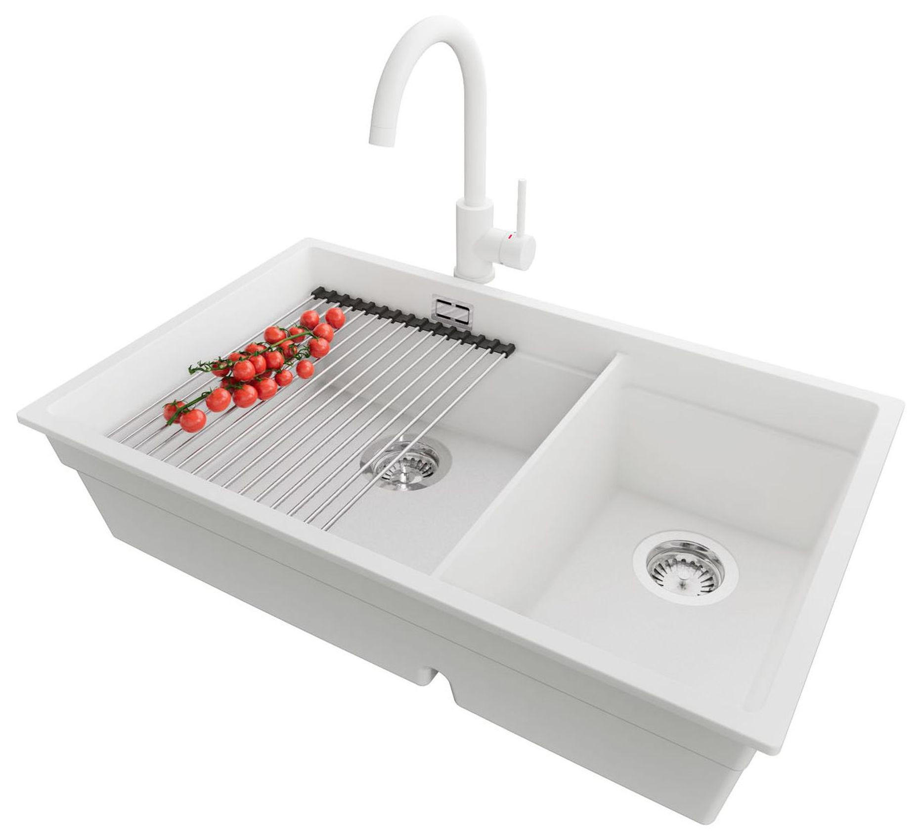 GRANITSPÜLE Praga Slim Duo, 2-er set Weiß 76/47 cm 2 Becken + Küchenarmatur 32/20 cm + Ablauf-Set + Aufrollbare Abtropffläche ab 80er Unterschrank - Chromfarben/Weiß, Kunststoff (76/20/47cm) - Primagran