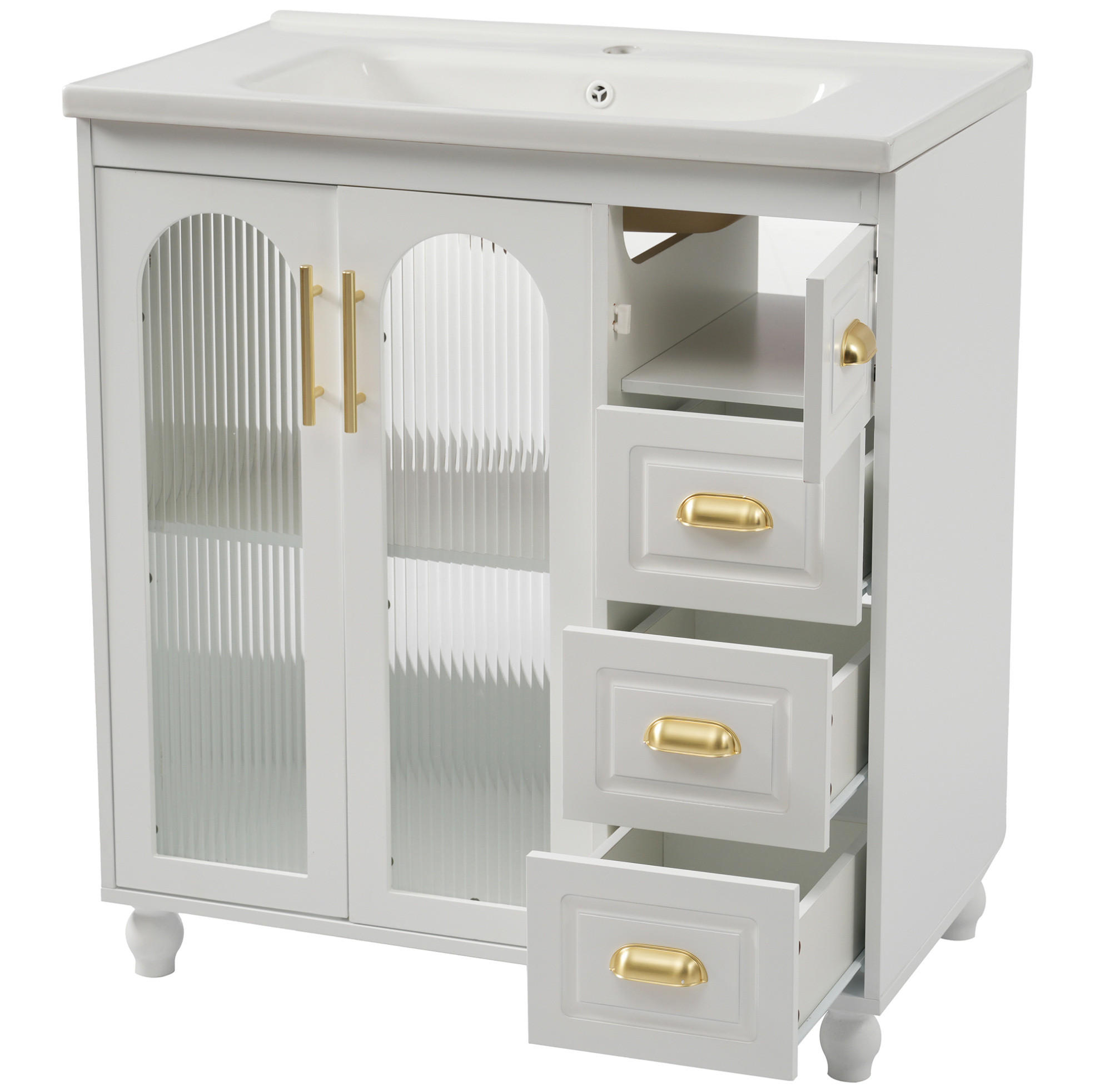 BADEZIMMERSCHRANK mit Becken 80x47x90 cm Weiß aus Porzellan & MDF mit 2 Schränken & 3 Schubladen - Weiß, Holzwerkstoff (80/90/47cm) - Modfu