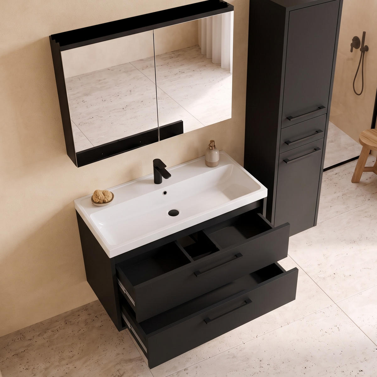 BADMÖBEL-SET Florence 3 Teile Matt Schwarz - 80 x 40 x 51 cm - Schwarz, Holz (80/51/40cm) - Badplaats