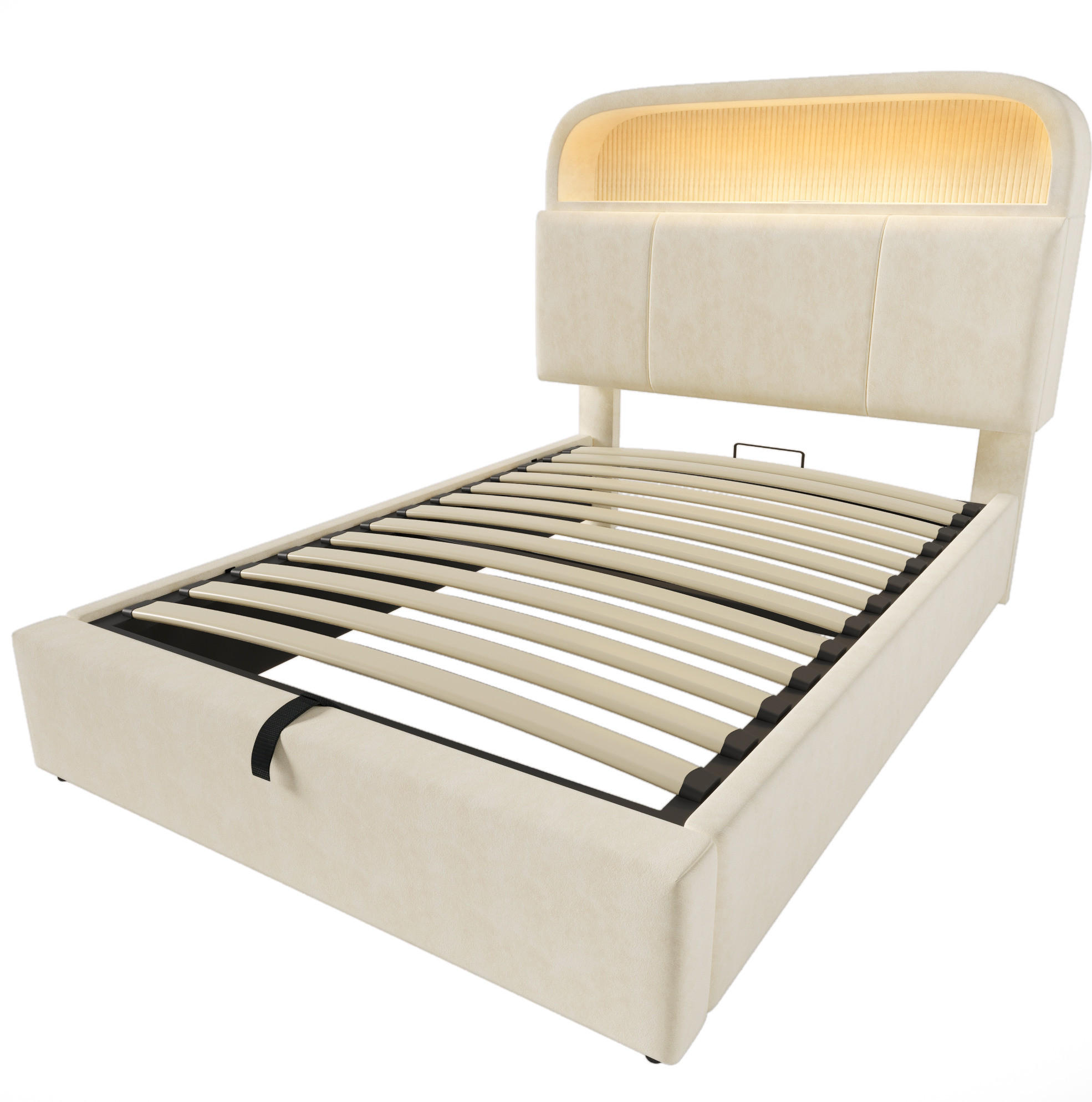 POLSTERBETT aus Samt 90x200 cm in Beige mit LED-Beleuchtung & Ladestation - Beige, Textil (90/200cm) - Modfu