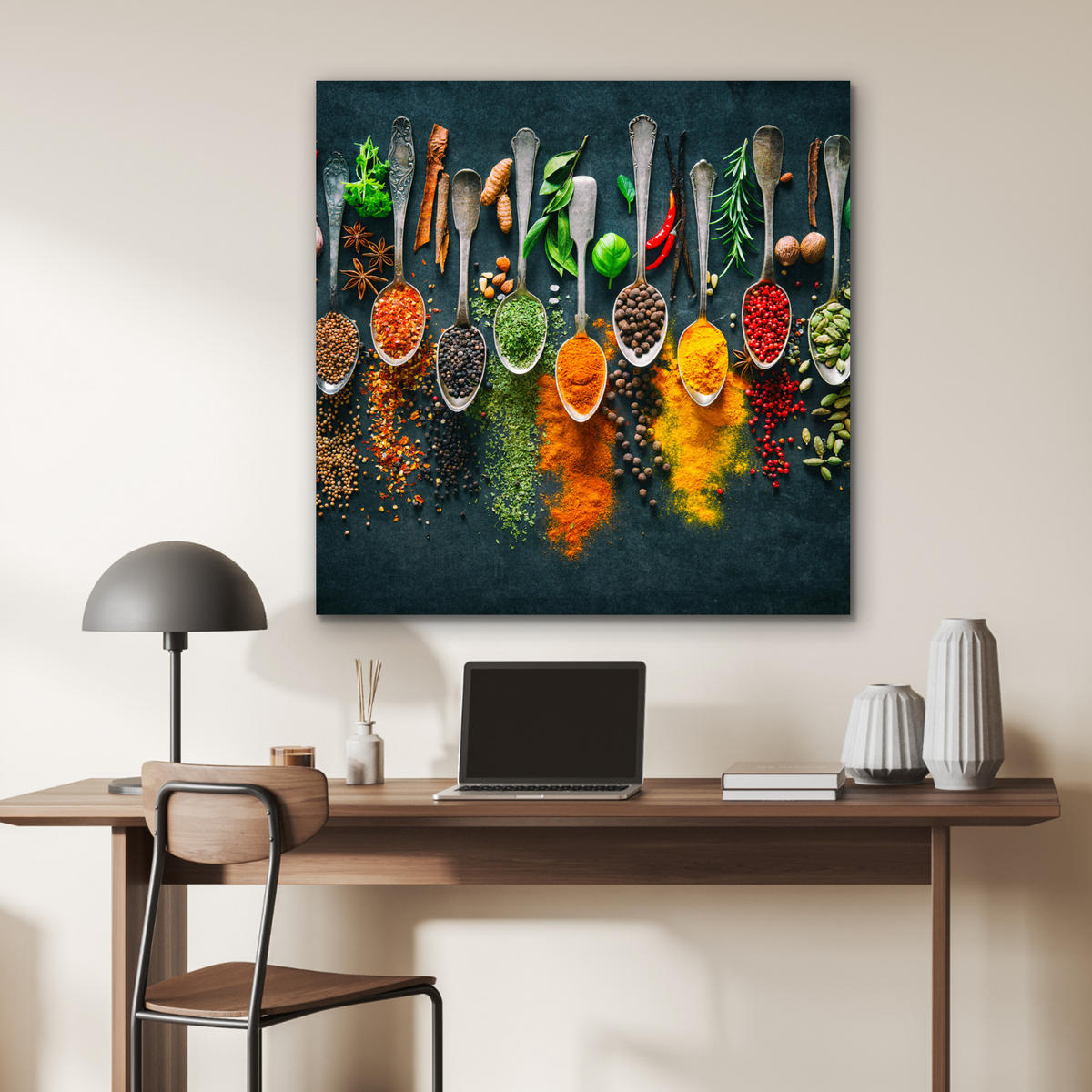 KOVOVÝ OBRAZ Bylinky - korenie - lyžičky 90x90 cm - kari žltá, kov (90/90cm) - MuchoWow