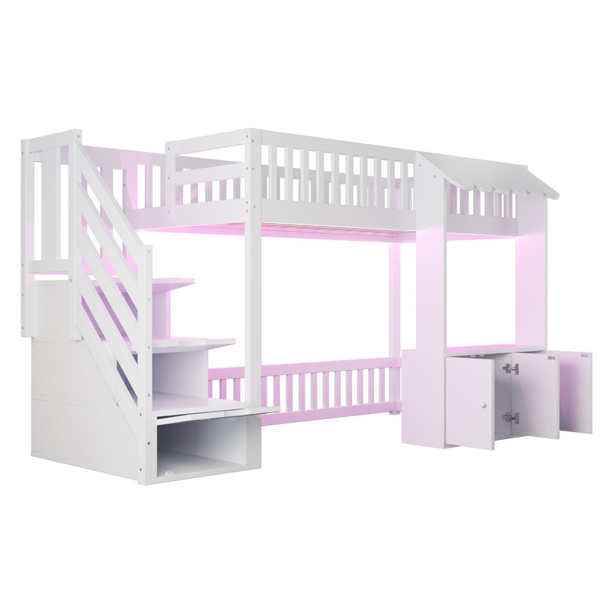 HOCHBETT aus Massivholz und MDF 90x200 cm Weiß mit Stauraumtreppe, Staufächern und LED-Lichtleiste - Weiß, Holz (90/200cm) - Modfu