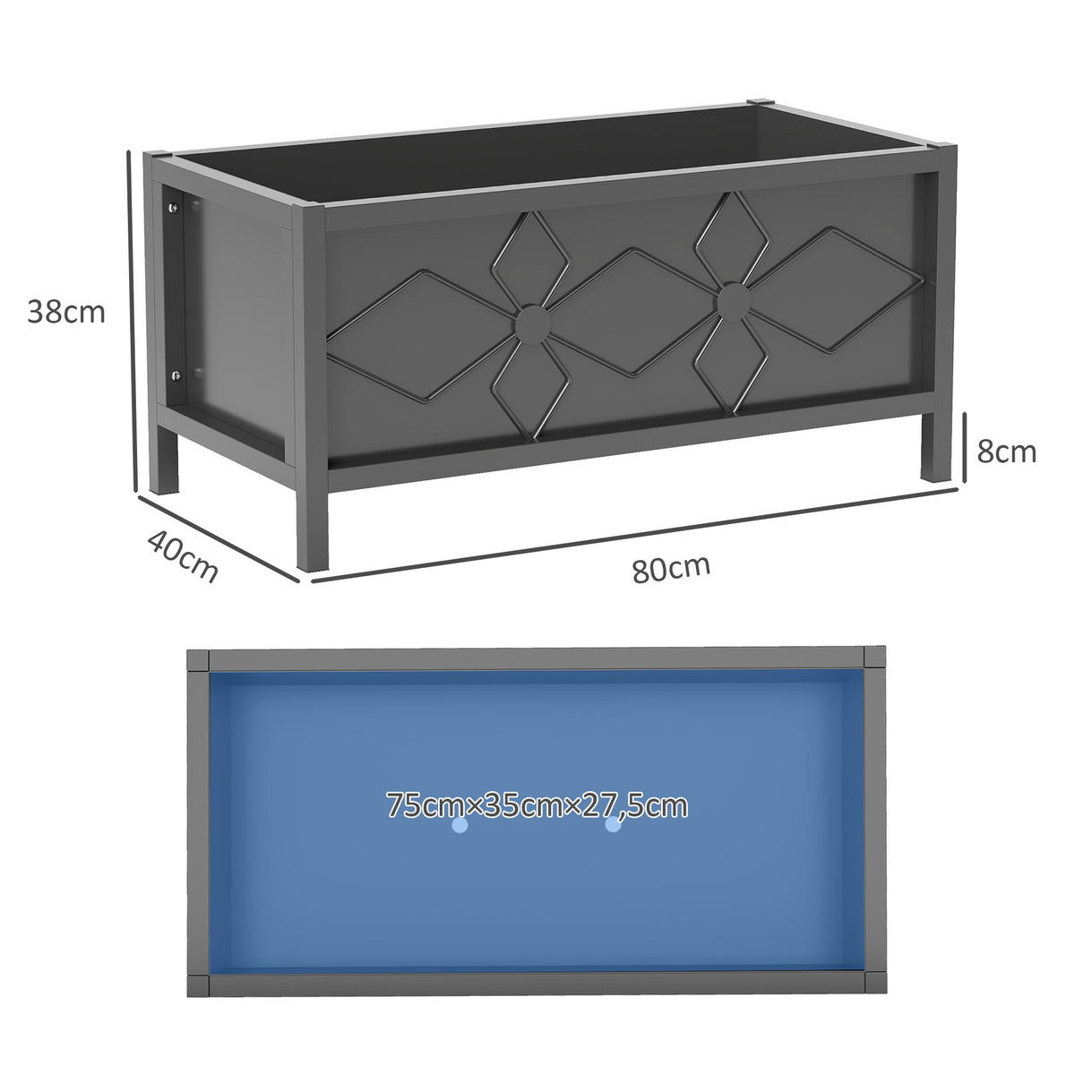 HOCHBEET DE-12194 rechteckig 80/40/38 cm mit Sicherheitsrand Schwarz - Schwarz, Metall (80/38/40cm) - ComfortXL