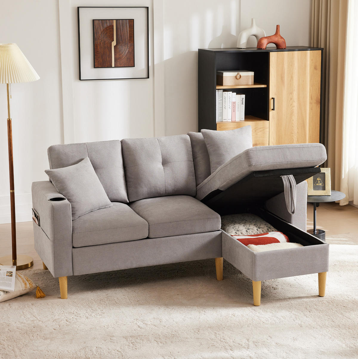ECKSOFA 175/129/90 cm hellgrau aus Baumwoll-Leinen mit Stauraum - Hellgrau, Textil (175/129cm) - OKWISH