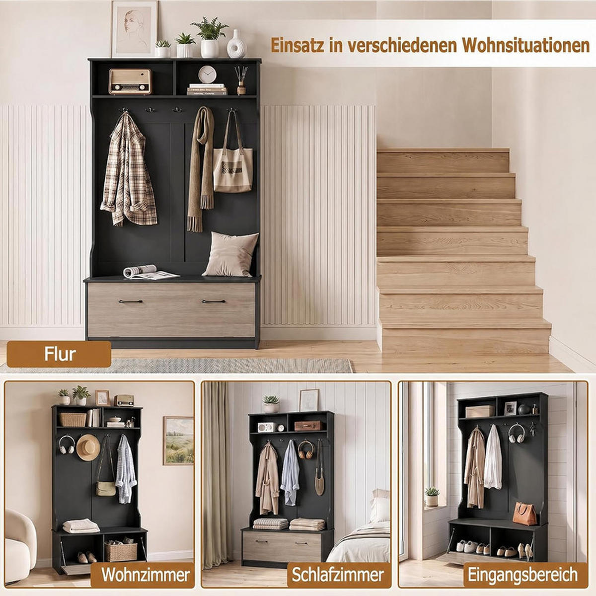 GARDEROBENSTÄNDER mit Schuhschrank schwarz - Schwarz, Holzwerkstoff (100/180/71cm) - COSTWAY