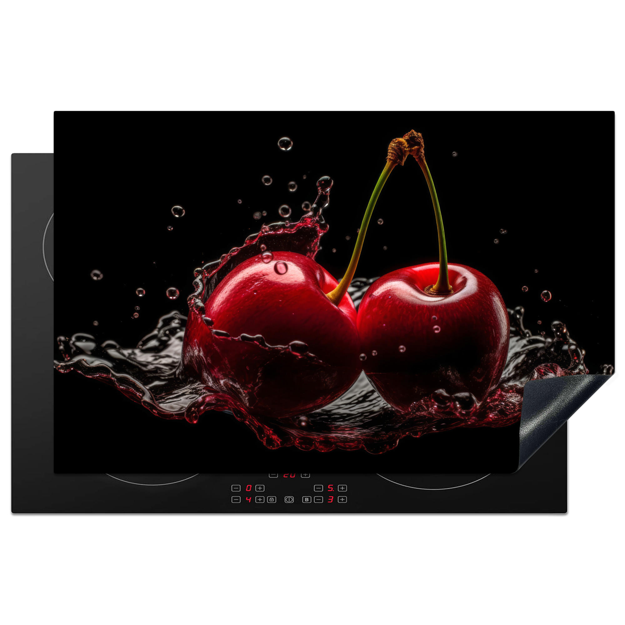 HERDABDECKPLATTE Kirsche - Rot - Frucht - Wasser - Schwarz 81x52 cm - Kirschrot, Kunststoff (81.6/0.2/52.7cm) - MuchoWow