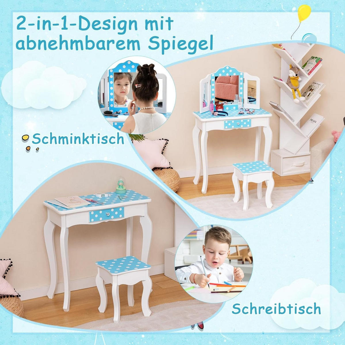 SCHMINKTISCH Blau - Blau, Holz (28/98/60cm) - COSTWAY