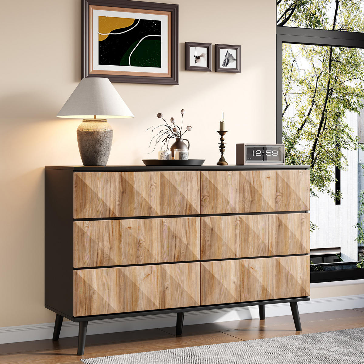 SIDEBOARD aus MDF/Spanplatte in Schwarz und Holzoptik mit 6 Schubladen, 120/40/85 cm,Naturfarben - Naturfarben, Holzwerkstoff (40/85/120cm) - Redom