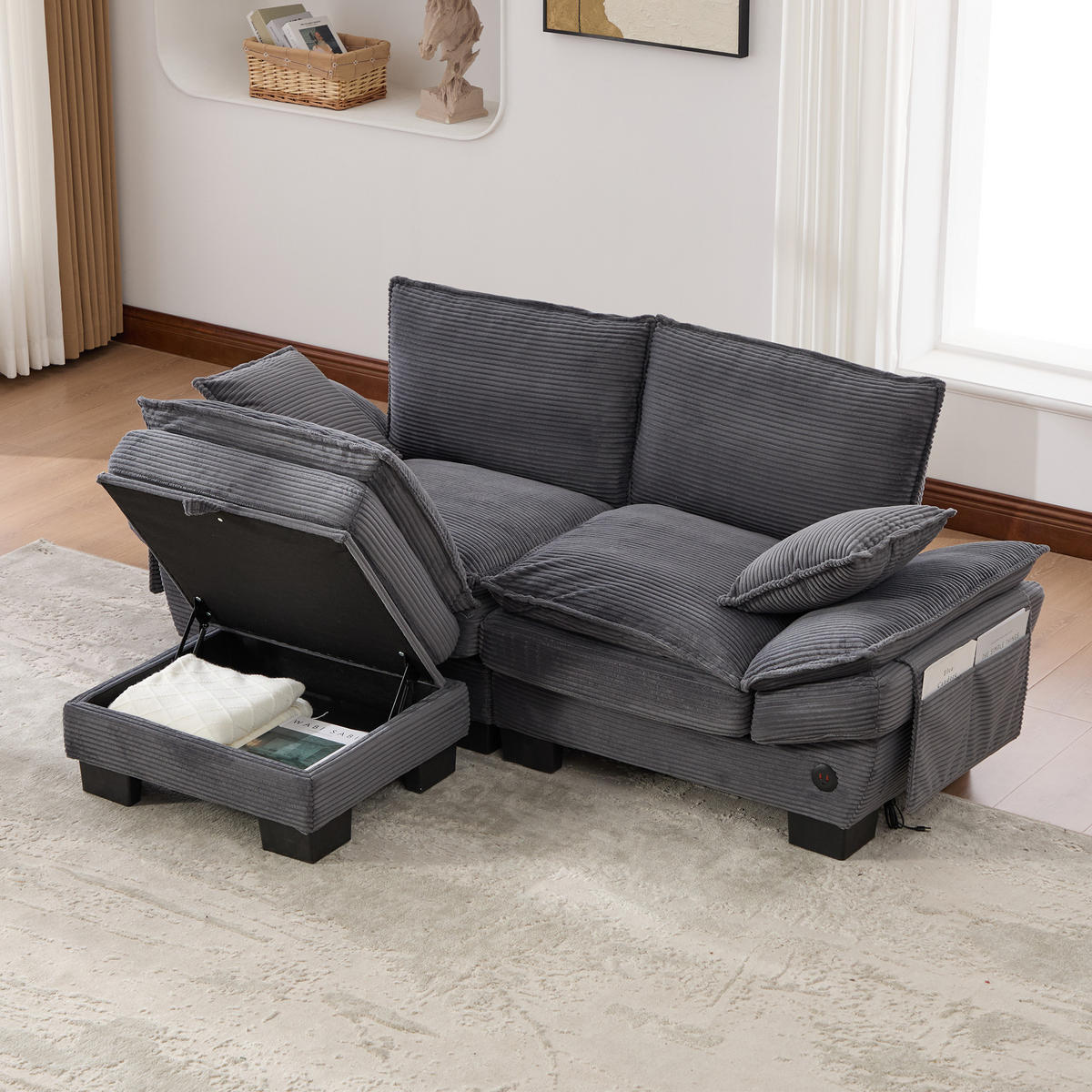 2-SITZER Sofa aus Cord 190x132x84 cm mit Hocker & USB-C, dunkelgrau - Dunkelgrau, Textil (132/84/190cm)