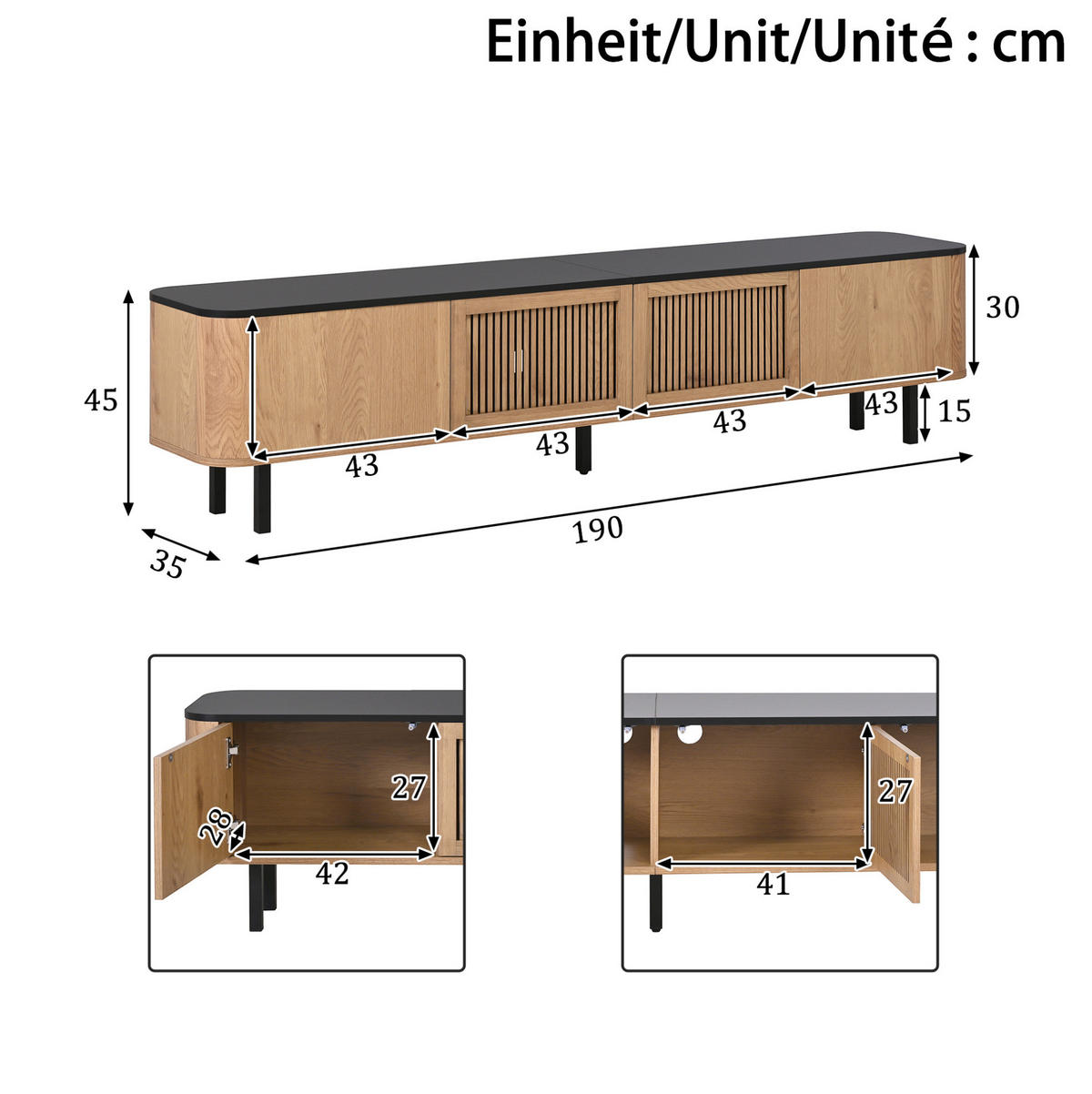 TV stolík 190/35/45 cm dubový z MDF a drevotriesky s mriežkovými dvierkami a úložným priestorom - hnedá, kompozitné drevo (190/45/35cm) - OKWISH