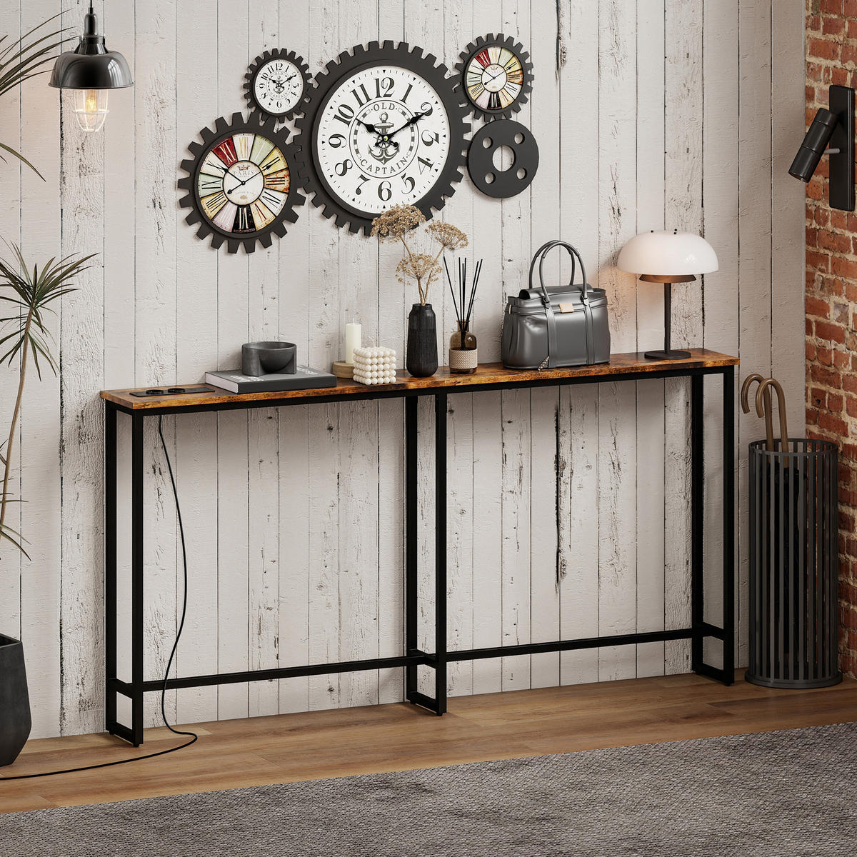 SCHLANKER Konsolentisch mit integrierter Ladestation, Industriestil mit Stahlrahmen, moderner Flurtisch, Braun - Wildeiche, Holzwerkstoff (160/80/20cm)