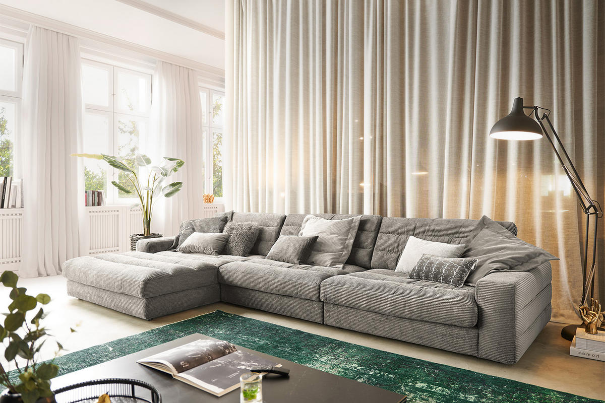 ECKSOFA XL LANA Steingrau Cord - Greige/Schwarz, Textil (416/205cm) - KAWOLA