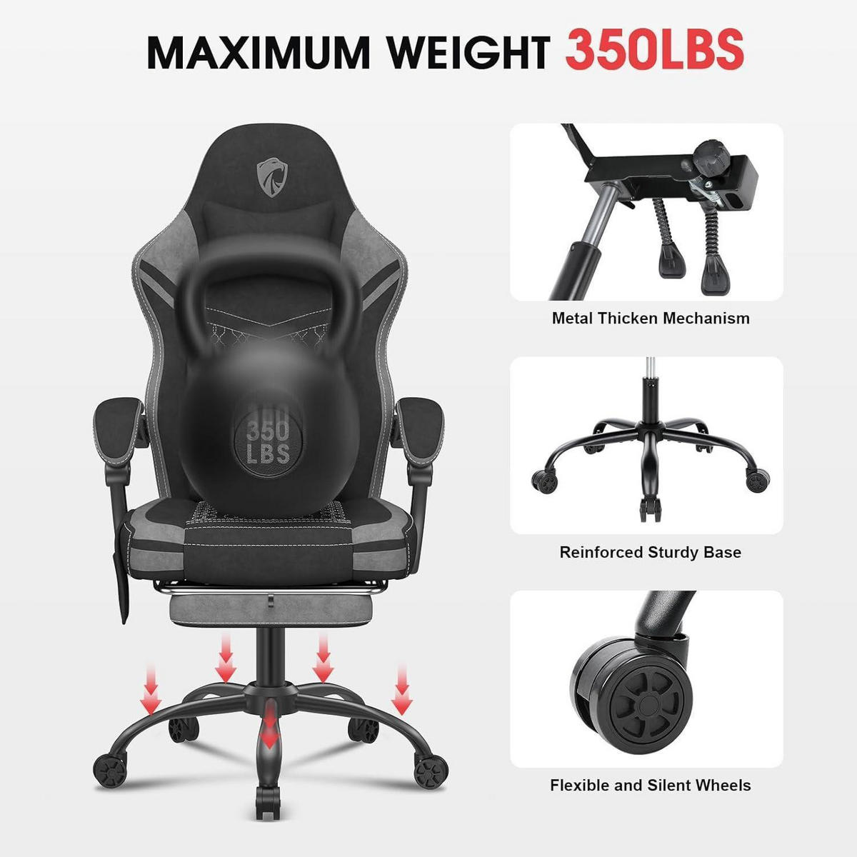 GAMING Stuhl Stoff mit Massagefunktion und Fußstütze Grau - Grau, Textil (81.5/28.5/56cm)