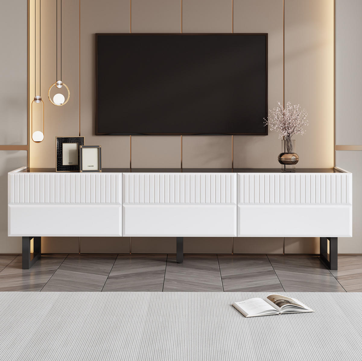 TV-LOWBOARD aus MDF und Spanplatte 170x35x47 cm Schwarz/Weiß mit 3 Schubladen und Hochglanzoberfläche - Schwarz, Holzwerkstoff (170/47/35cm) - Modfu