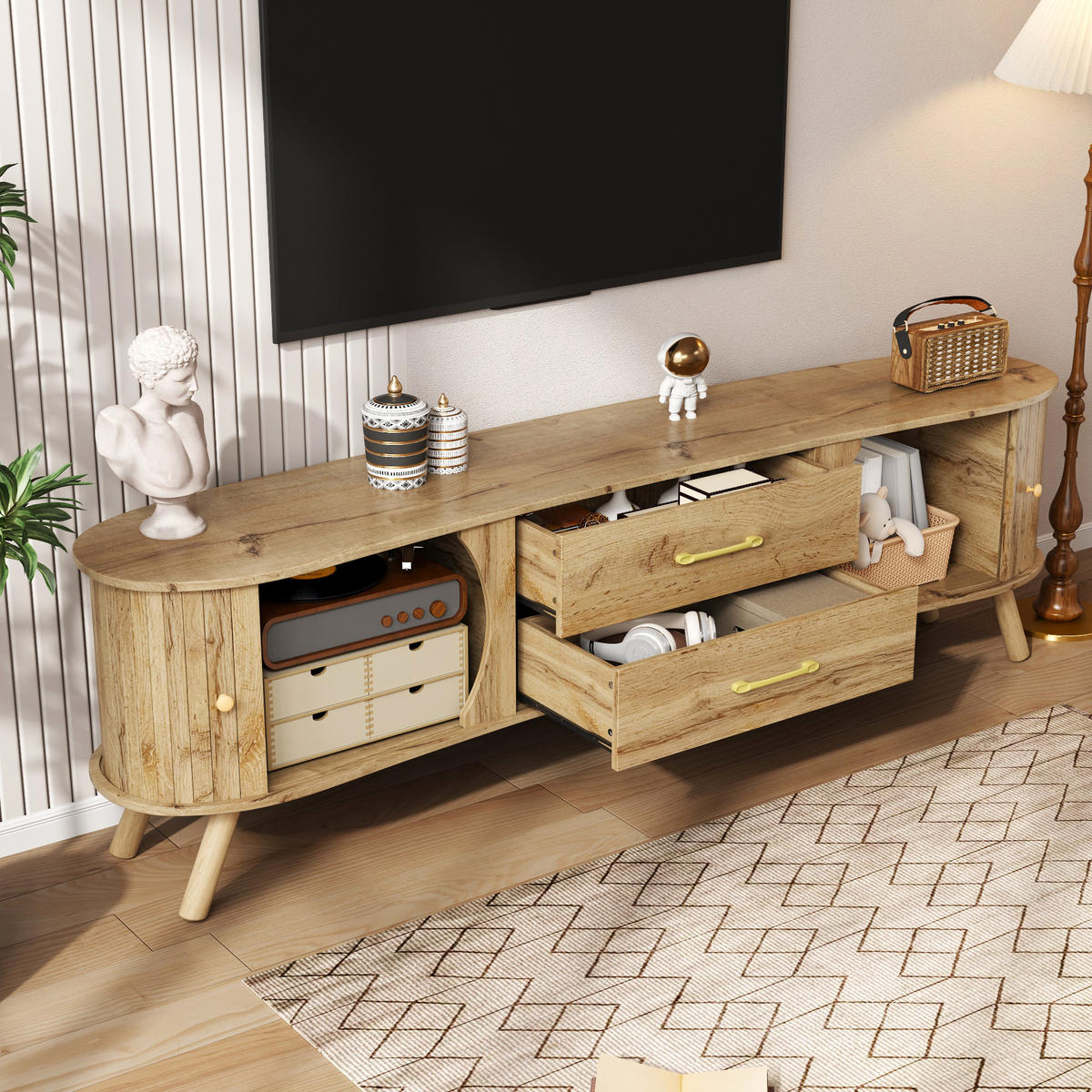 TV-LOWBOARD organisch Rillenoptik 2 Türen 2 Schubladen - Naturfarben, Holz (160/55/36.5cm) - Fortuna Lai