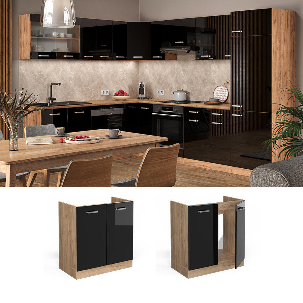 Thumbnail - Vicco Spülenunterschrank, Schwarz Hochglanz, Braun, Holzwerkstoff, 1 Fächer, Rechteckig, 80x81.6x60 cm, Küchen, Küchenmö...