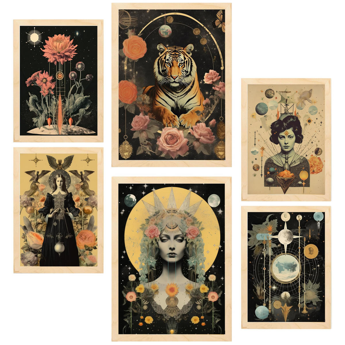 POSTER Set Mit 6 Mystischen Esoterischen Schwarzbeige A3 & A4 Rahmen Aus Hellem Holz - Beige, Papier (29/3cm) - Nacnic