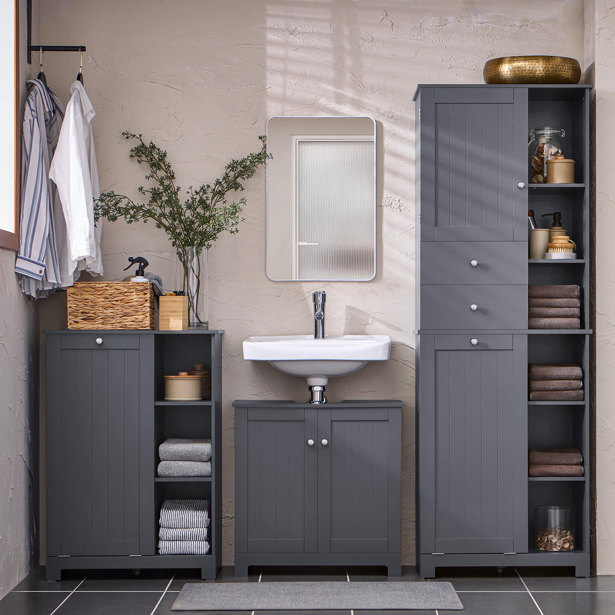 HOCHSCHRANK mit Wäschesack Grau - Grau, Holzwerkstoff (60/170/37cm) - SoBuy