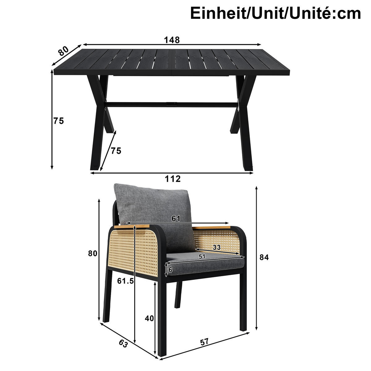 GARTENMÖBELSET 148/80/75 cm schwarz/natur aus Eisen mit 6 Stühlen - Naturfarben, Metall - OKWISH