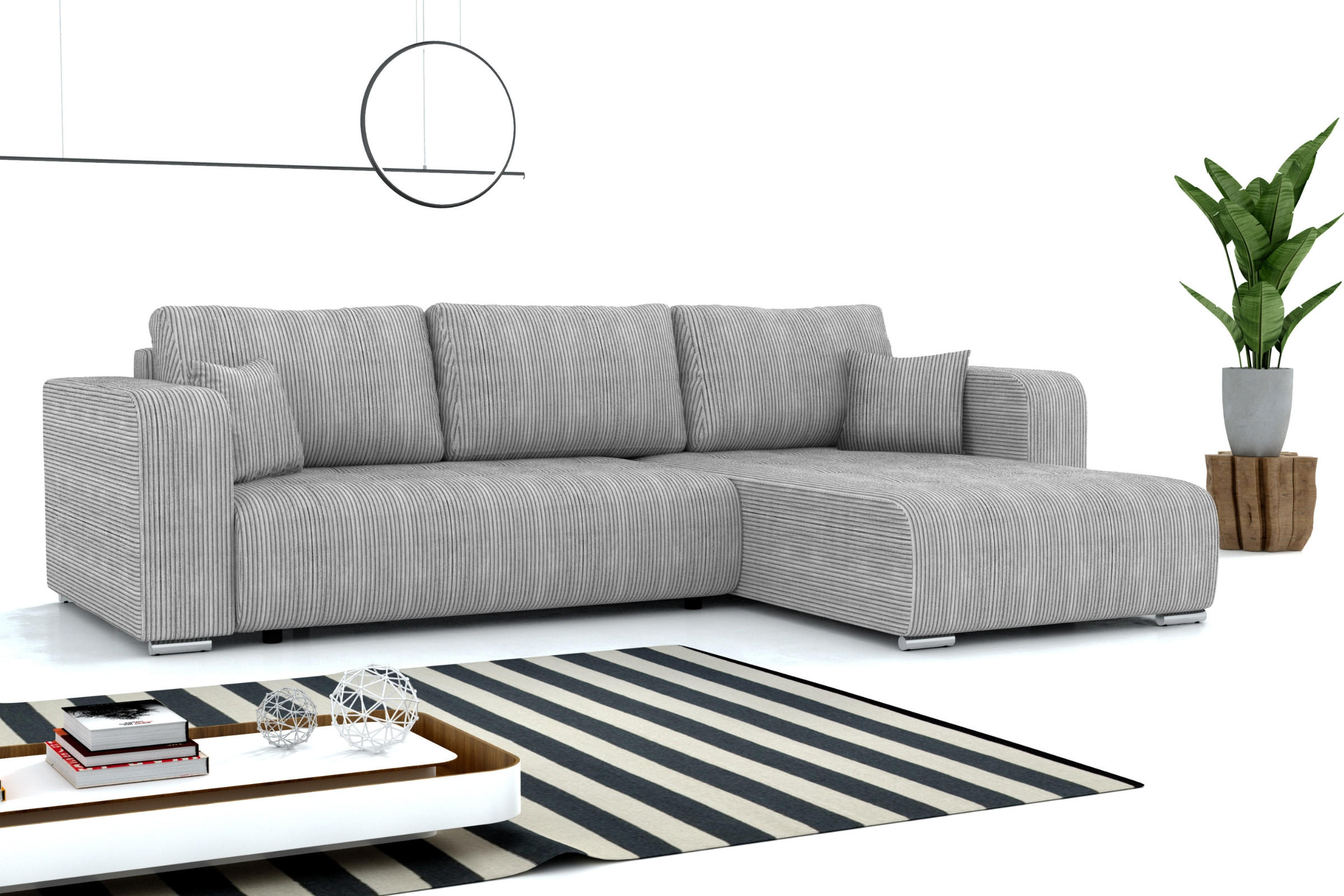 ECKSOFA CARACAS 288/185 in Cord Hellgrau mit Schlaffunktion rechts - Hellgrau, Holz/Holzwerkstoff (288/185cm) - Deine Möbel 24