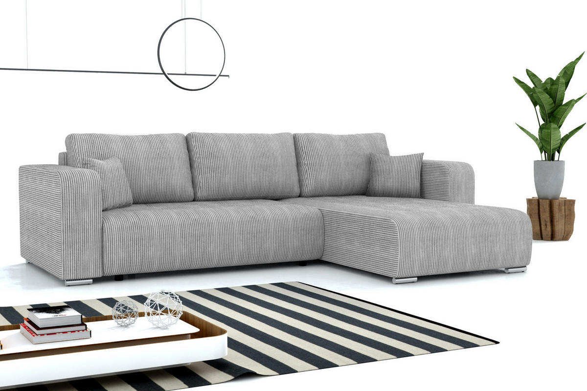 ECKSOFA CARACAS 288/185 in Cord Hellgrau mit Schlaffunktion rechts - Hellgrau, Holz/Holzwerkstoff (288/185cm) - Deine Möbel 24