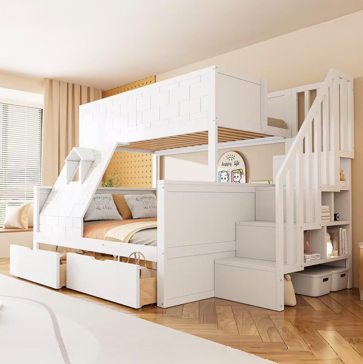 ETAGENBETT 90/200 & 140/200 cm mit Stauraumtreppe, 2 Schubladen und Fenster, Weiß - Weiß, Holzwerkstoff (90/200cm) - Redom