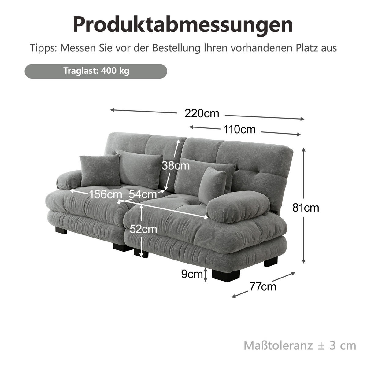 SOFA in Grau aus Chenille mit modularen Elementen - Grau, Textil (77/81/220cm) - Flora Grace