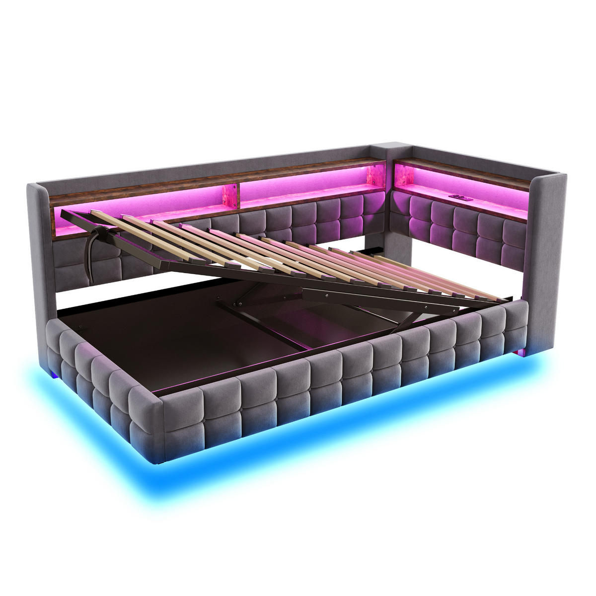 POLSTERBETT 90/200 cm in Grau mit Bettkasten, LED, USB, Type-C und Ablage - Dunkelgrau, Holzwerkstoff/Textil (90/200cm) - WISHDOR