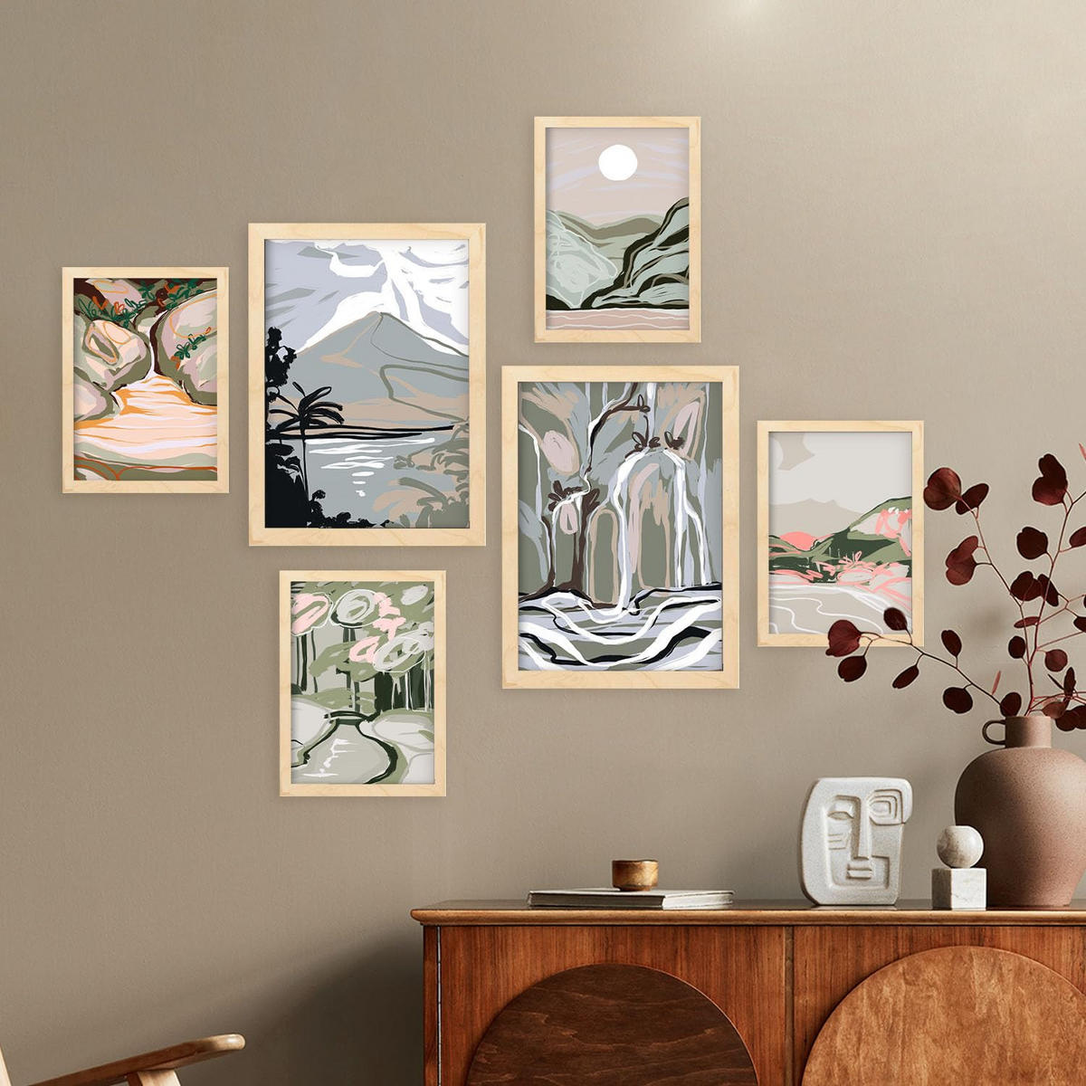 POSTER Set Mit 6 Clifton Landschaftsabstrakte Größe A3 & A4 Rahmen aus hellem Holz - Beige, Papier (29.7/1cm) - Nacnic
