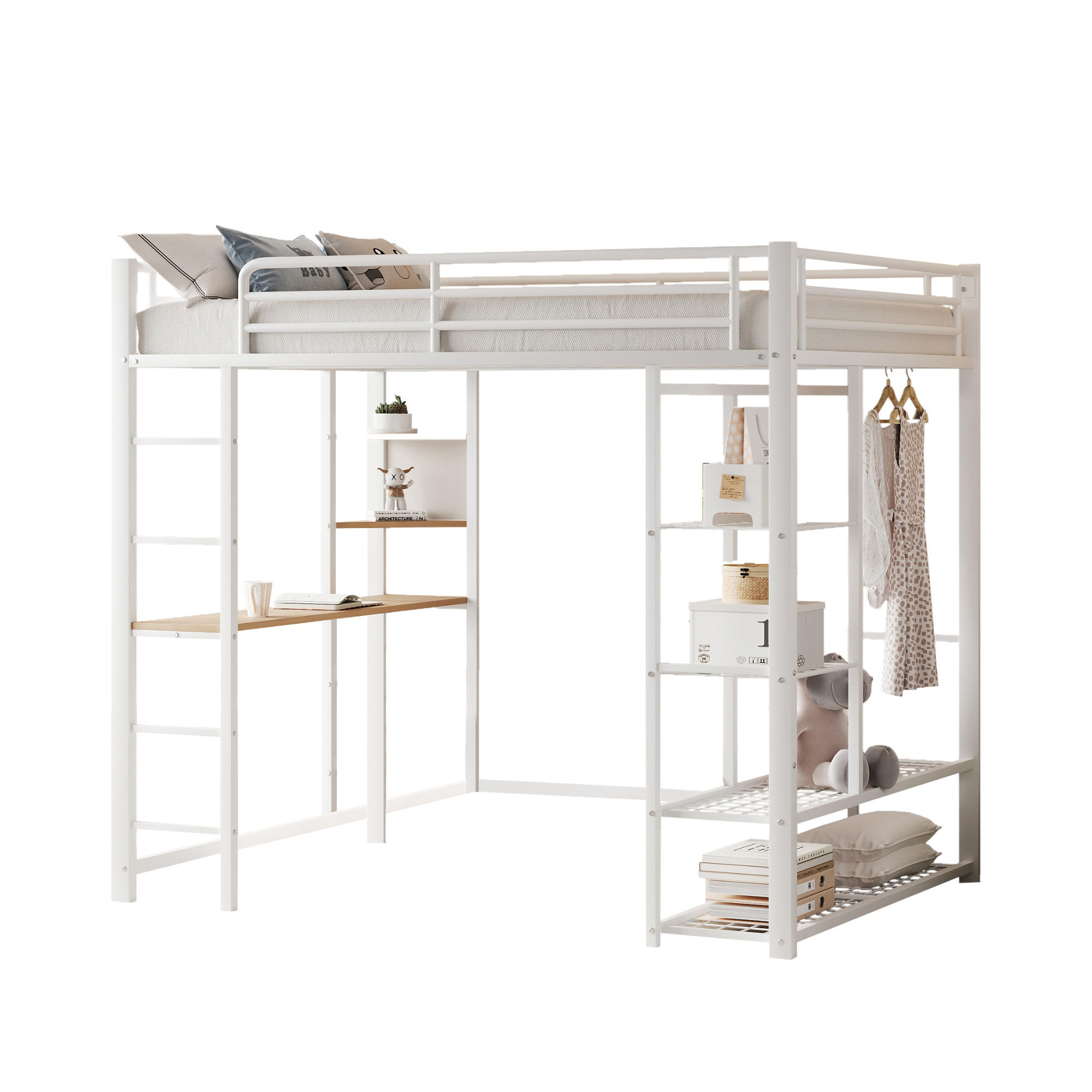 STILVORA PATROVÁ POSTEL 90/200 cm, bílá, kovová, s psacím stolem, policí a šatní tyčí, moderní design