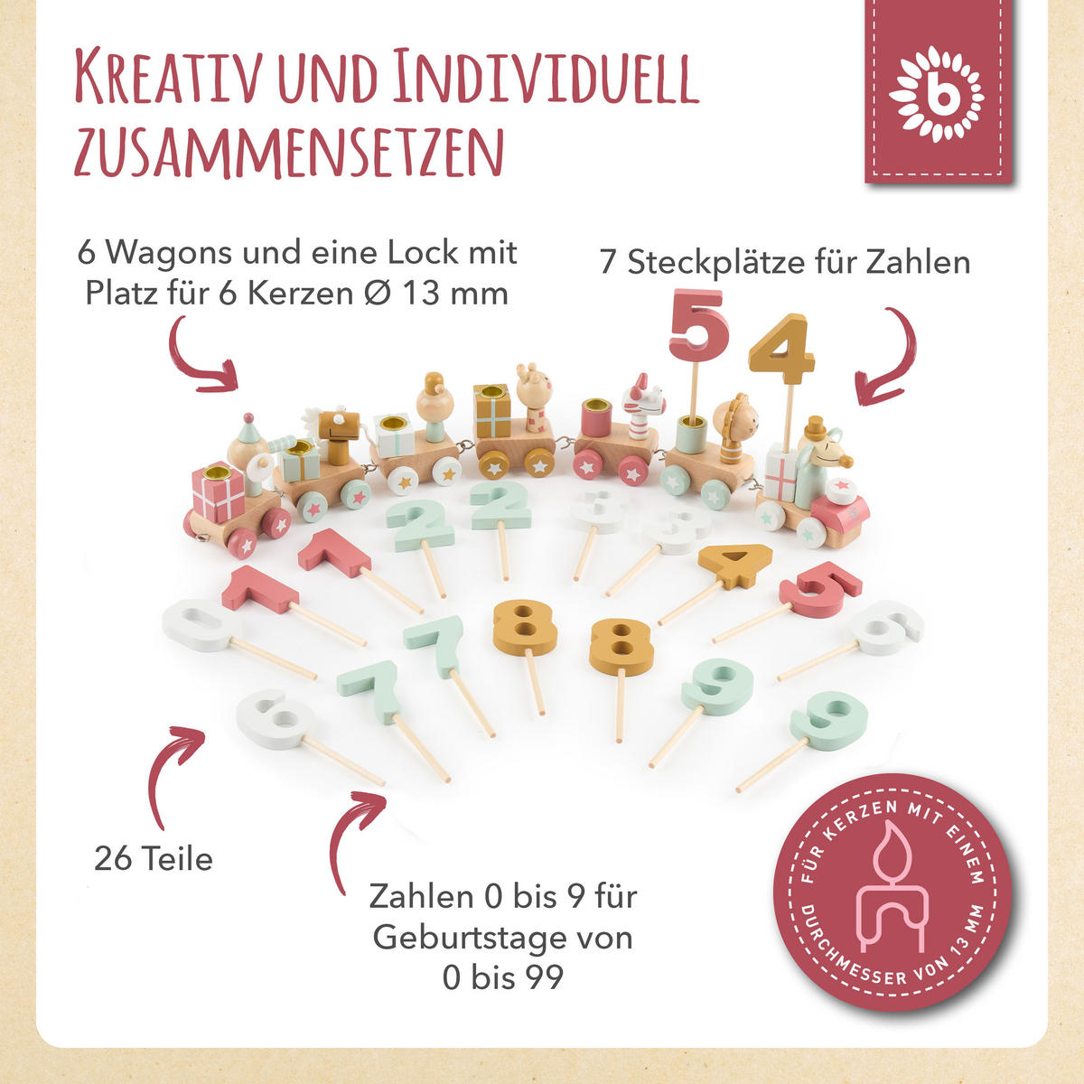 GEBURTSTAGSZUG Holz Berry Look mit 6 Ker - Multicolor, Holz (5/48cm) - Bieco Spielwaren