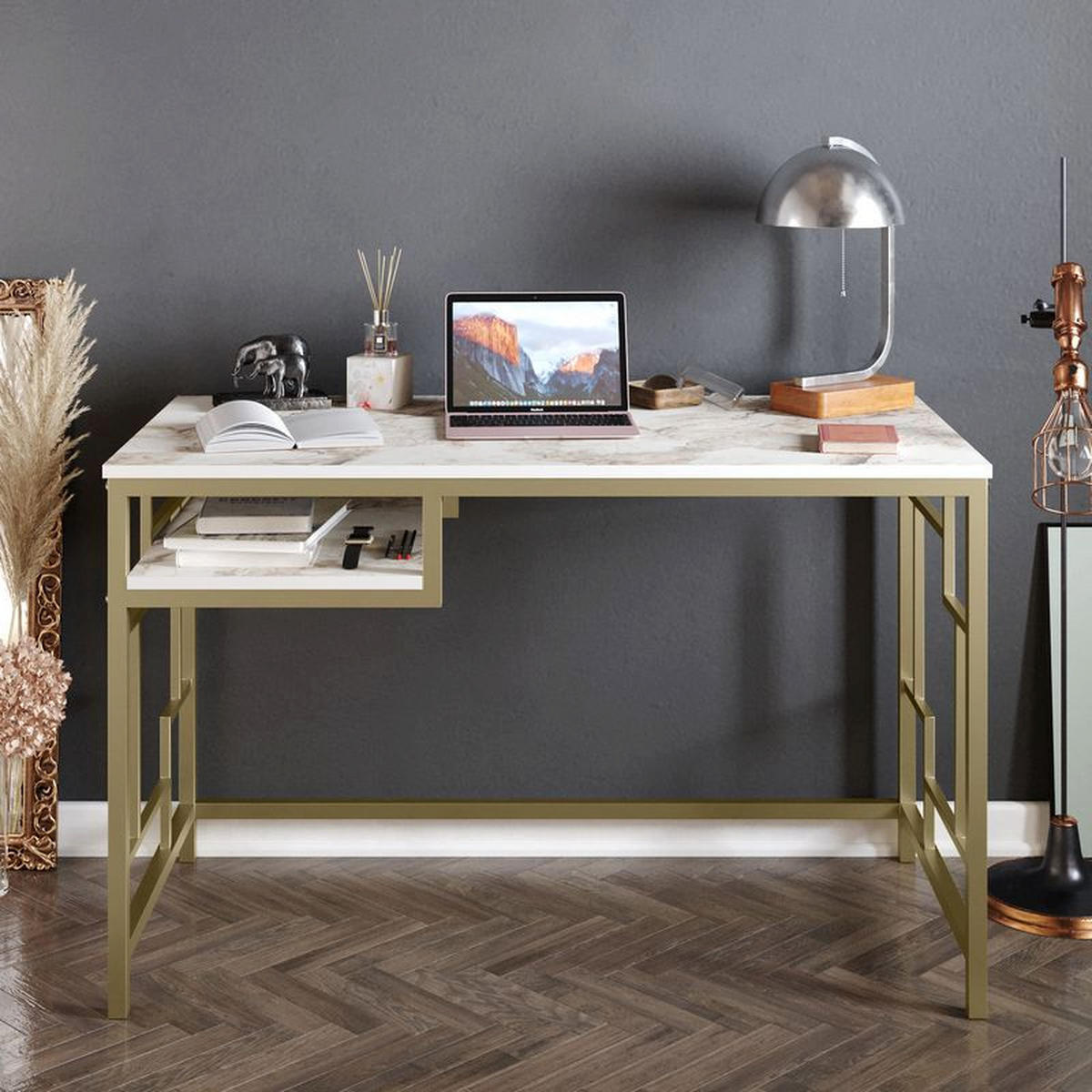COMPUTERTISCH Victory Weiss Marmor Gold - Goldfarben/Weiß, Holzwerkstoff (120/60/75cm) - Decorotika