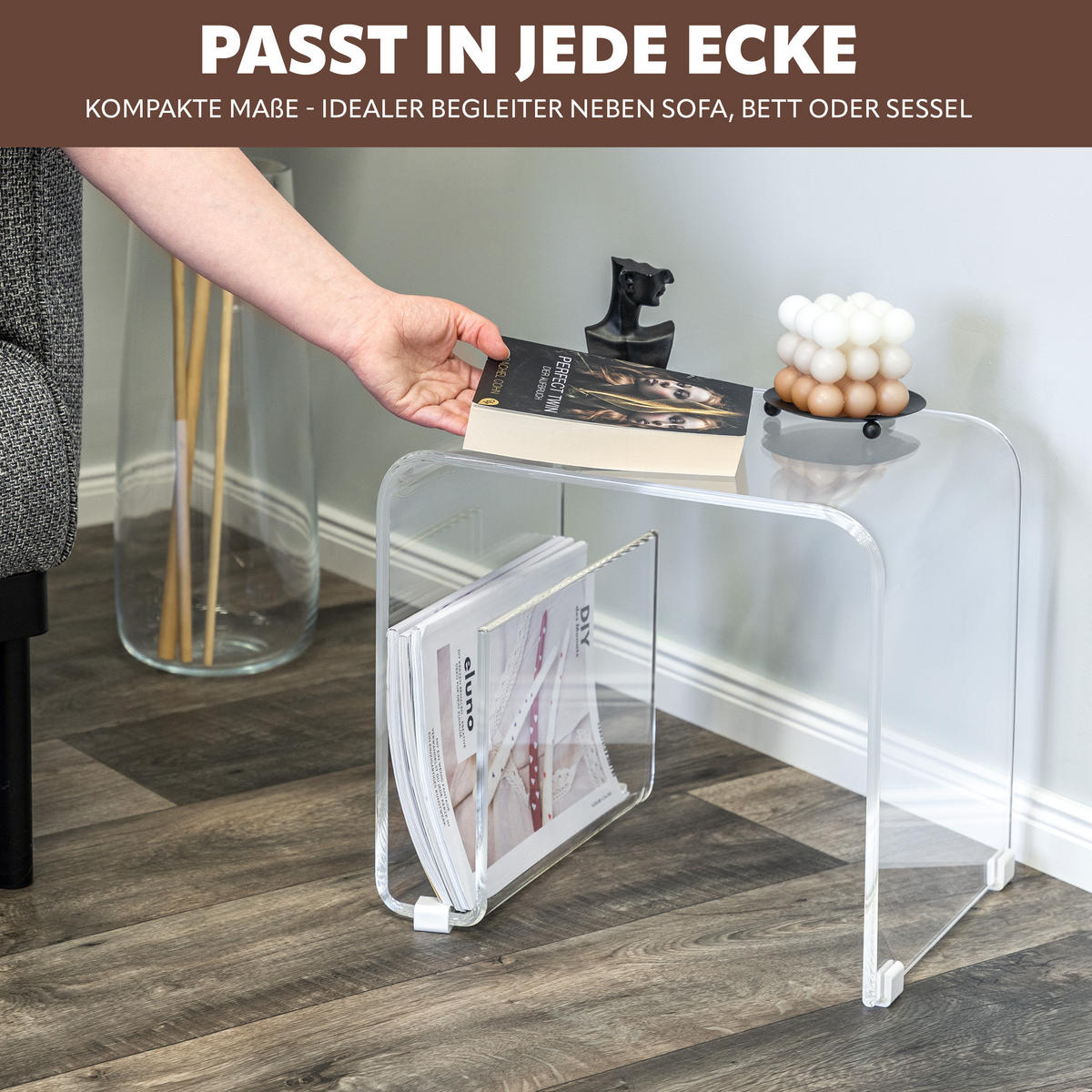 BEISTELLTISCH MIT MAGAZINHALTER Acryl transparent - Transparent, Kunststoff (30/38.5/35.5cm) - eluno