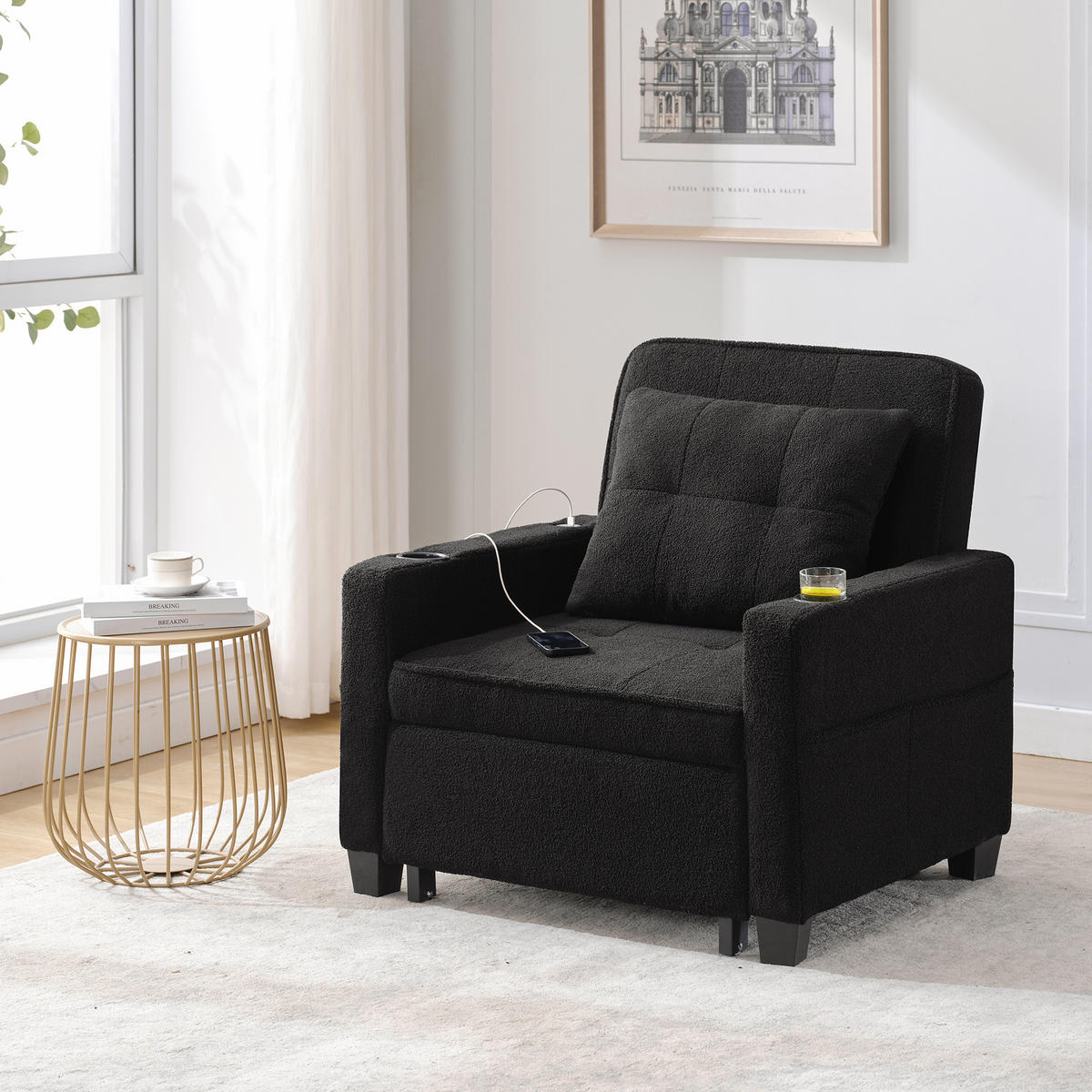 RELAXSESSEL 87/74/84 cm Schwarz mit Getränkehaltern und USB Anschluss - Schwarz, Textil (74/84/87cm) - Oxeza