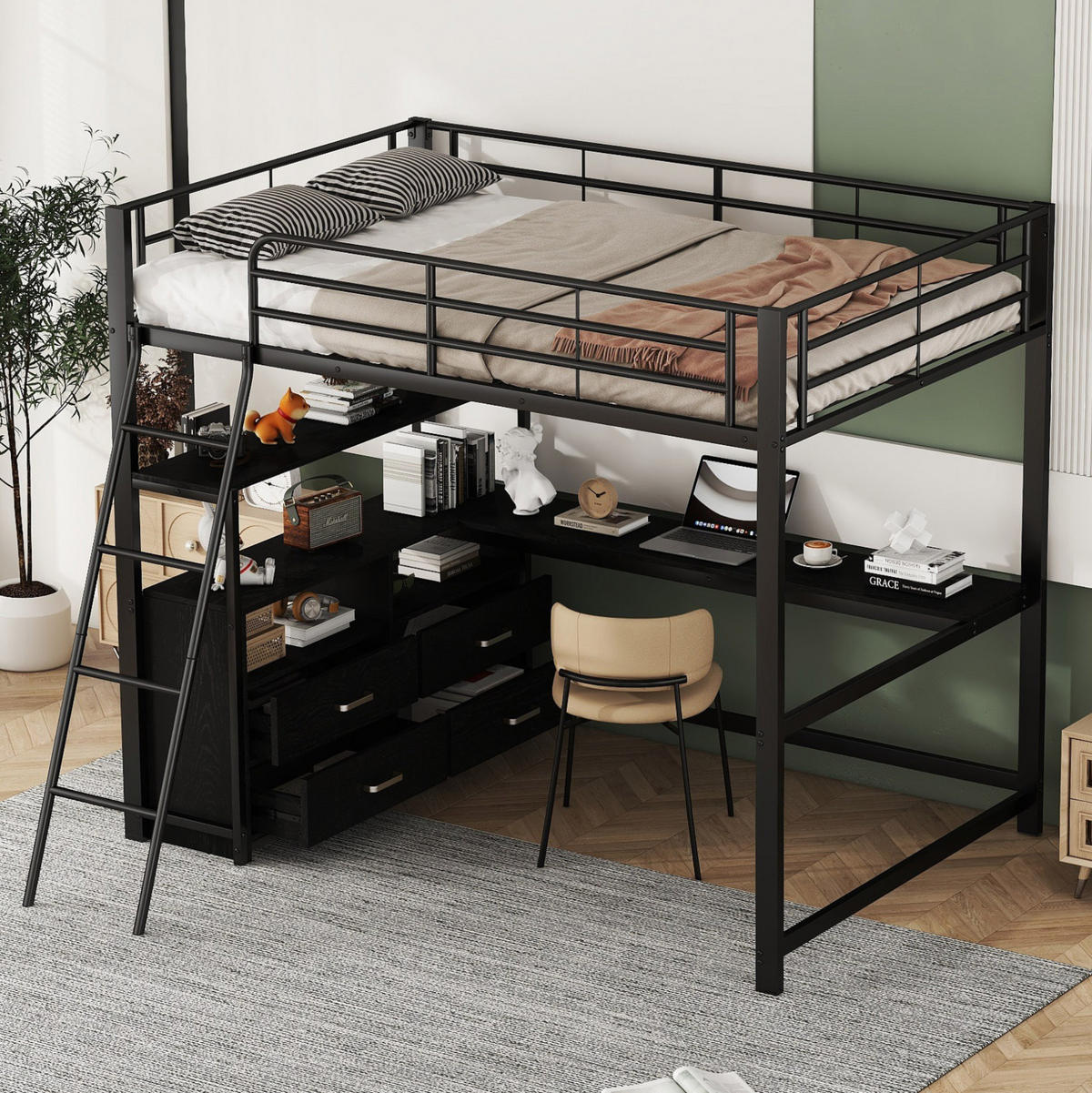 HOCHBETT 140/200 cm Schwarz aus Metall und MDF mit L-förmigem Schreibtisch - Schwarz, Metall (140/200cm) - OKMYHOME